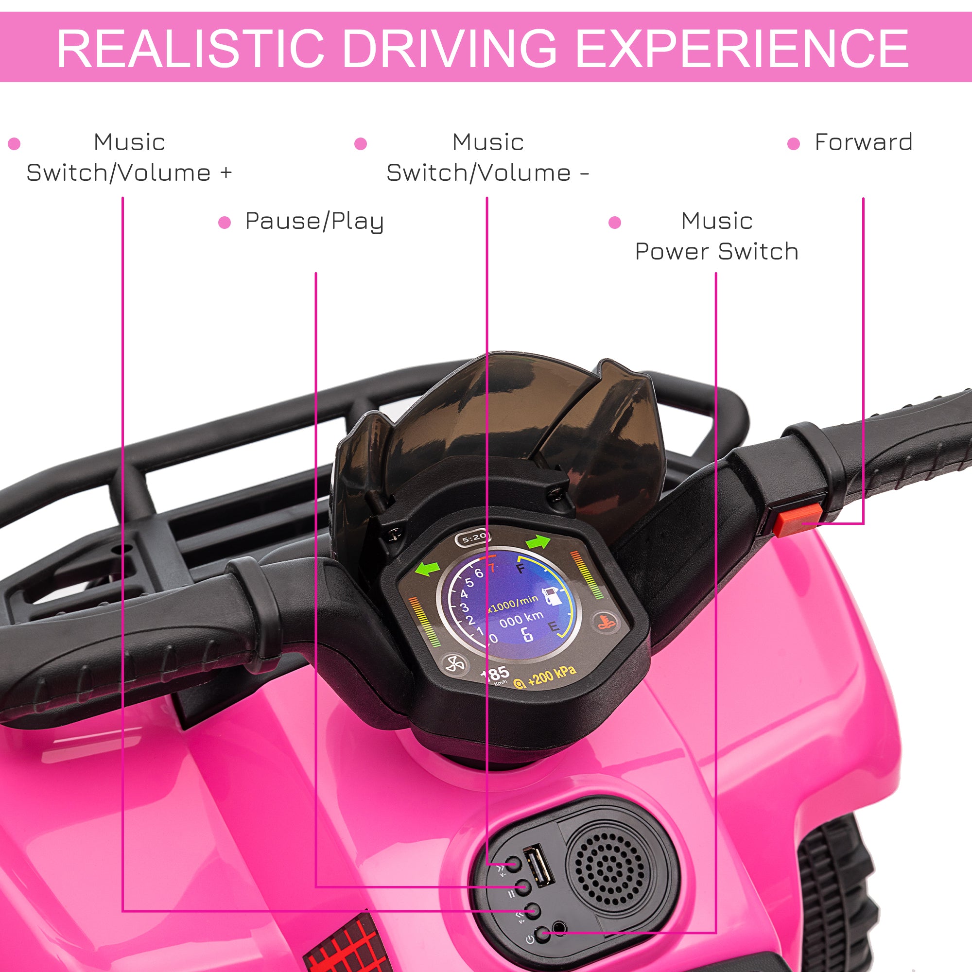 Kids Four Wheeler Ride on Car, Motorized Quad, 6V Battery Powered Electric Quad with Songs for 18-36 Months, Pink