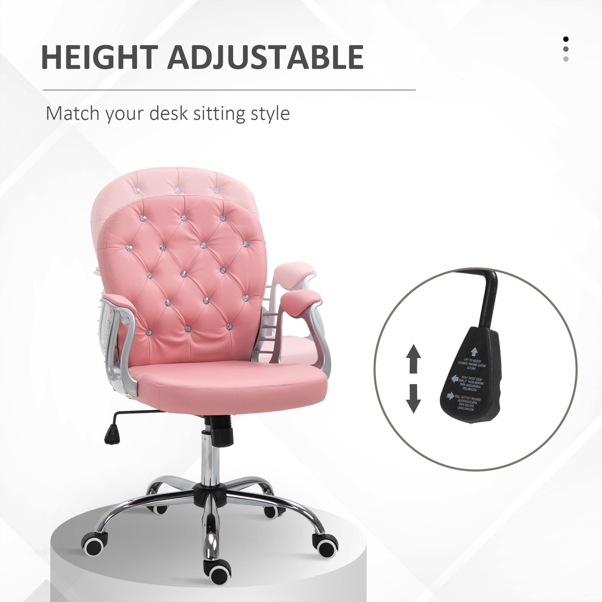 Makeup Vanity Chair, PU Leather Computer Task Chair with Button Tufted, Padded Armrests, Adjustable Height and Swivel Wheels, Pink