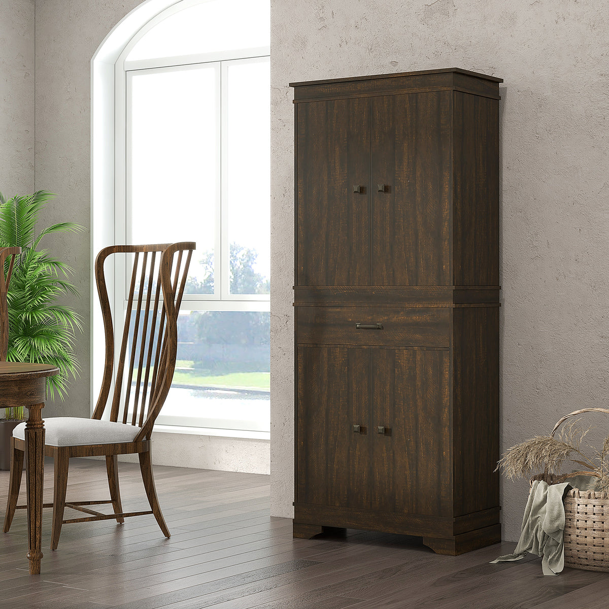 72" 4-Door Kitchen Pantry with Drawer and 3 Shelves, Walnut