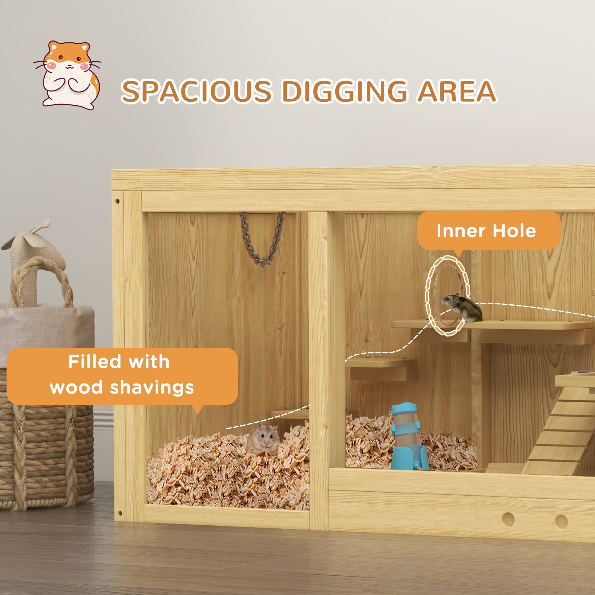 Extra Large Wooden Hamster Cage with Pull-out Tray, Seesaws, Ladder - Natural wood finish - Image 6