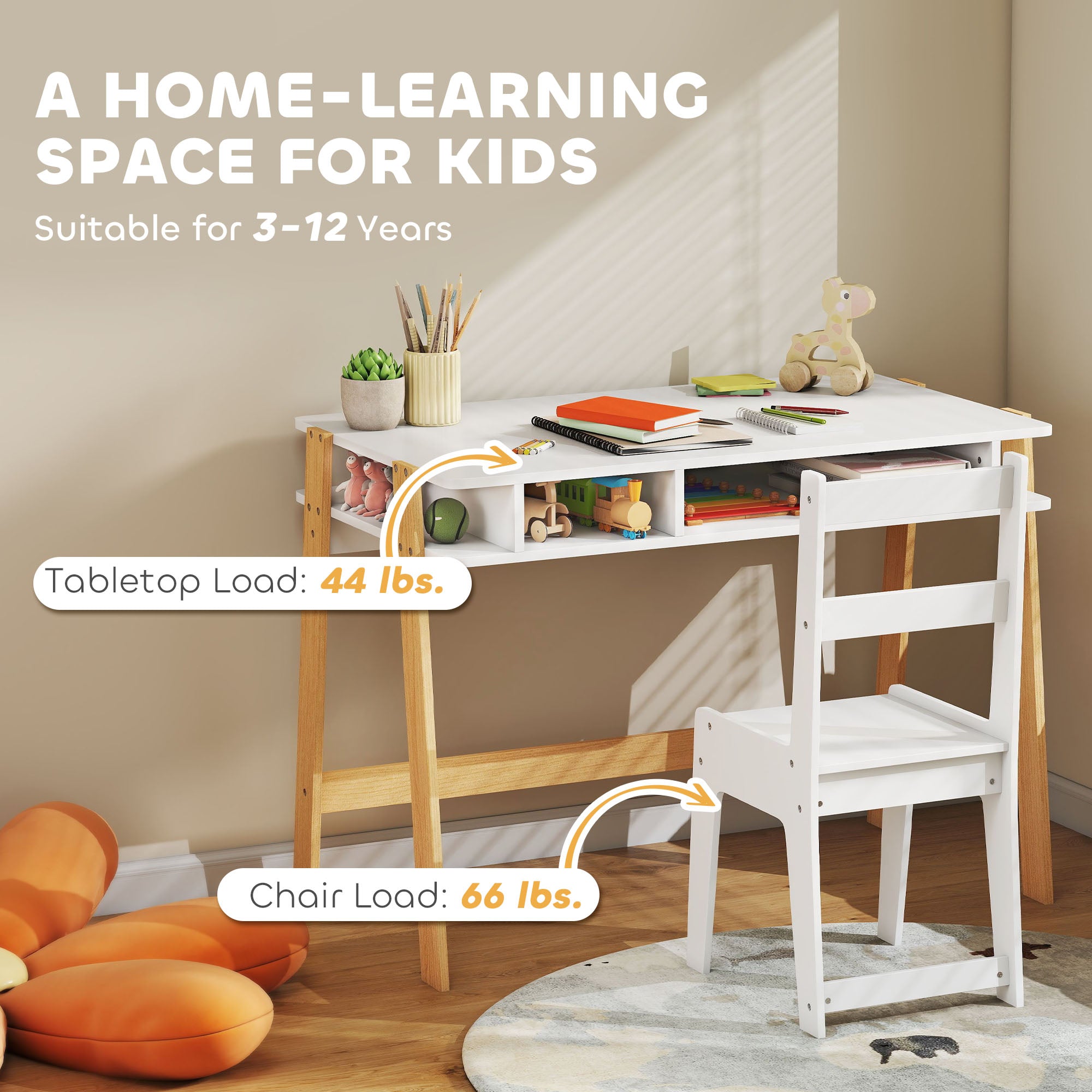 Kids Desk and Chair Set with Storage for Bedroom, School, Gift for Children Ages 3-12, White