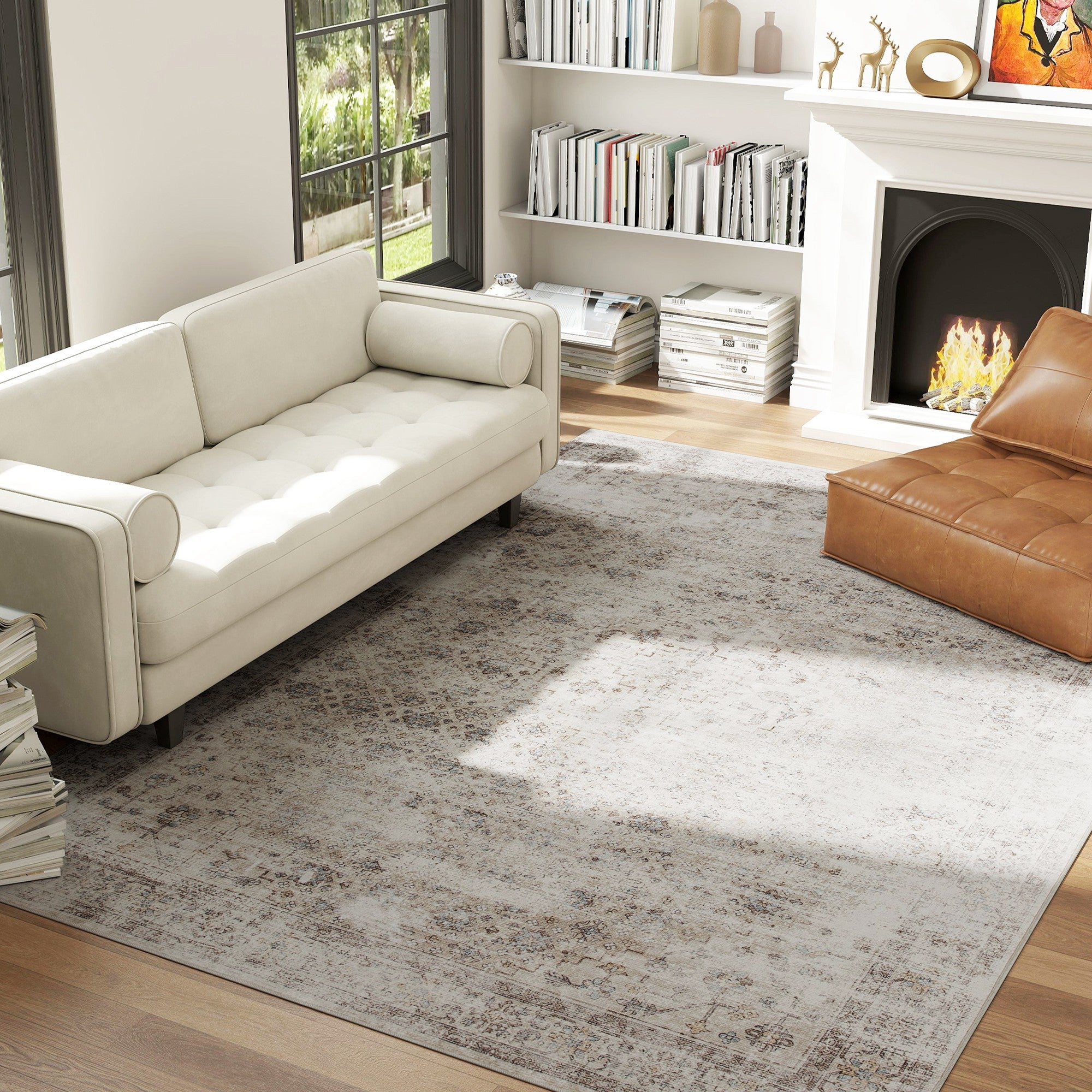 Machine Washable Area Rug 8x10, Non-Slip Traditional Floor Carpet for Living Room, Bedroom, Light Mixed-Brown