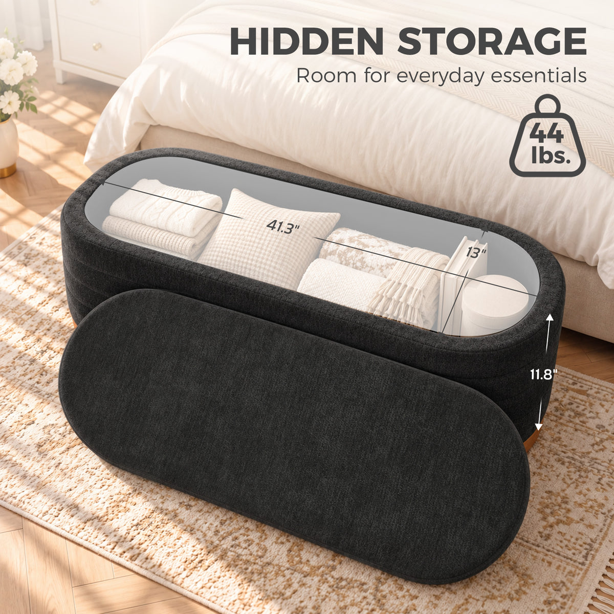 Storage Ottoman Bench Oval Chenille Upholstered Ottoman with Storage Chest, Dark Gray