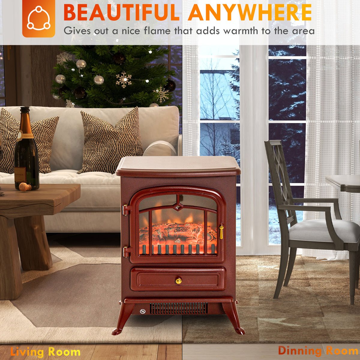22" Electric Fireplace Heater, Freestanding Fire Place Stove with Realistic LED Flames and Logs, and Overheating Protection, 725W/1450W, Red