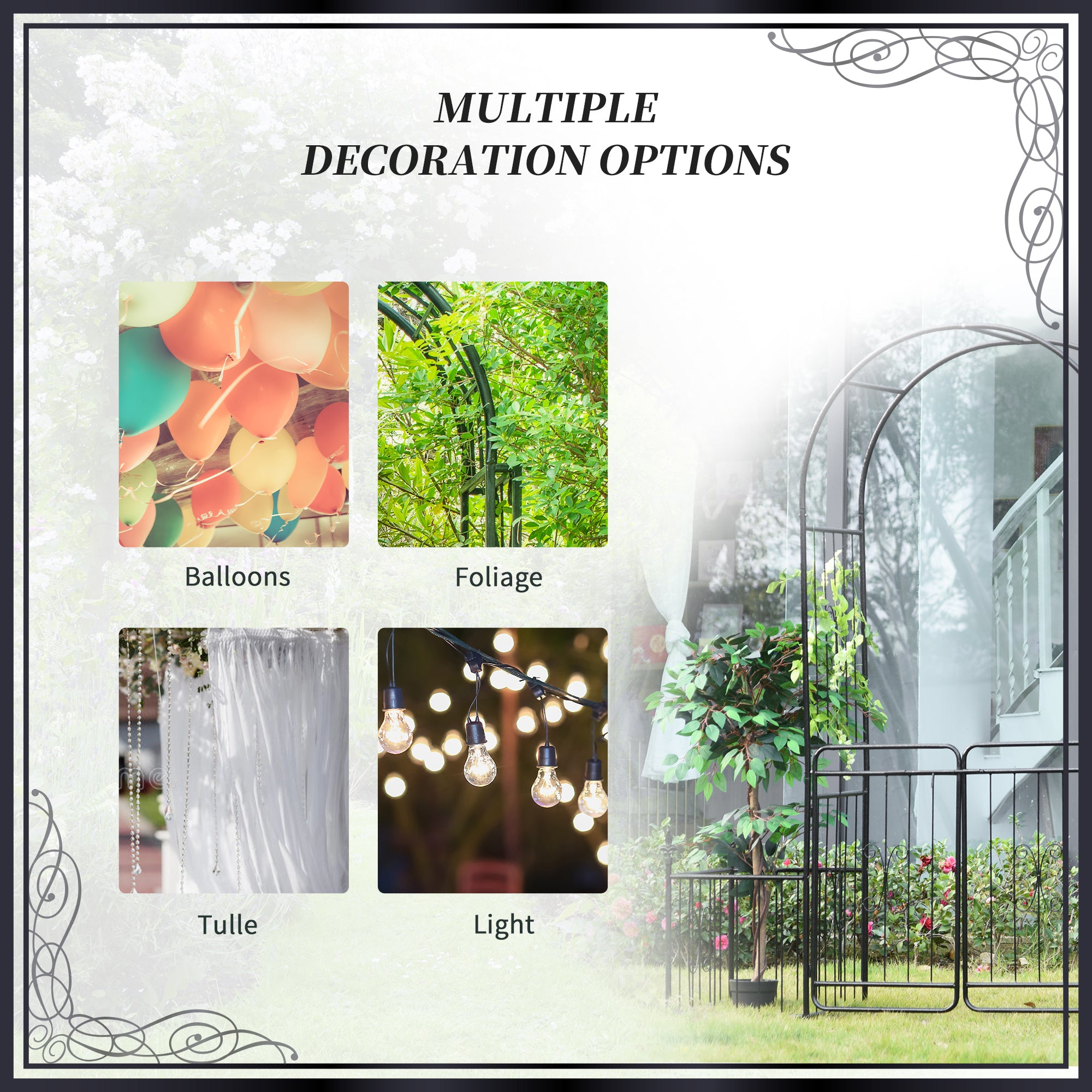 86" Garden Arch Arbor, Metal Arch Trellis with Gate and Planter Baskets, Garden Archway for Climbing Vines, Wedding Ceremony Decoration, Flourishes & Arrow Tips, Black - Black - Image 4