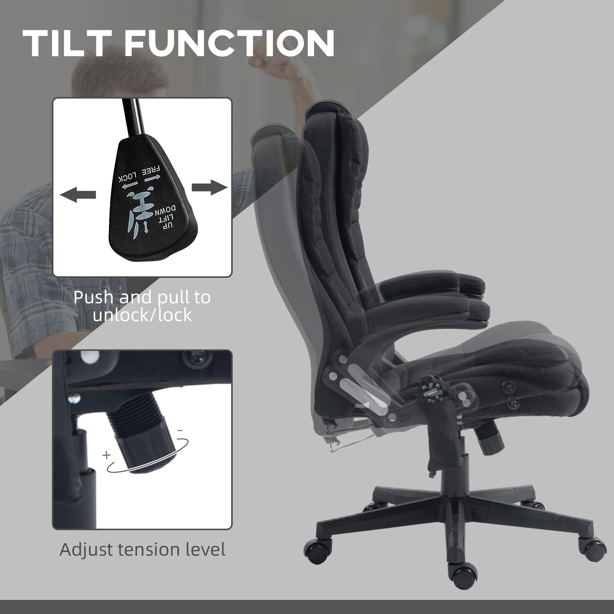 6 Point Vibrating Massage Office Chair with Heat, Linen High Back Massage Desk Chair with Reclining Backrest, Black