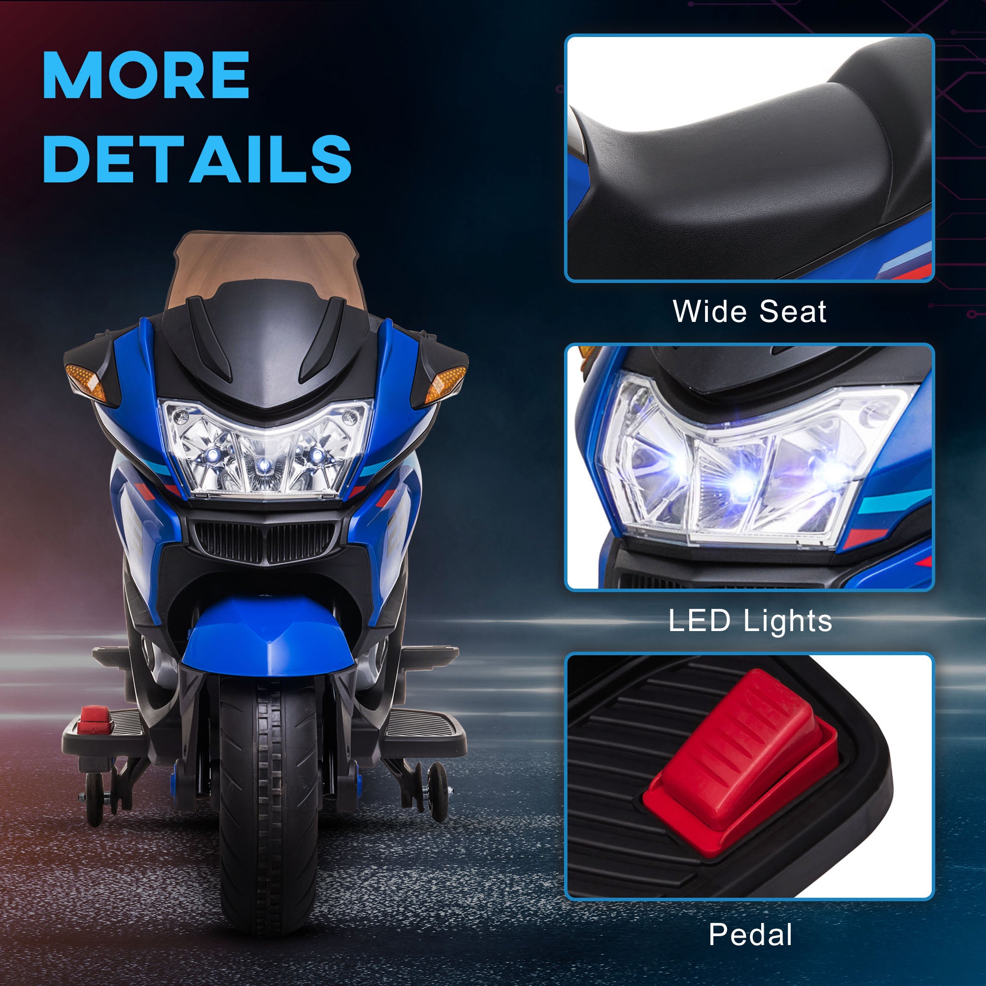 12V Kids Electric Motorcycle with Training Wheels, Battery Power Ride on Motorbike, High-Traction at 3.7 Mph Top Speed, with Light Music, Blue