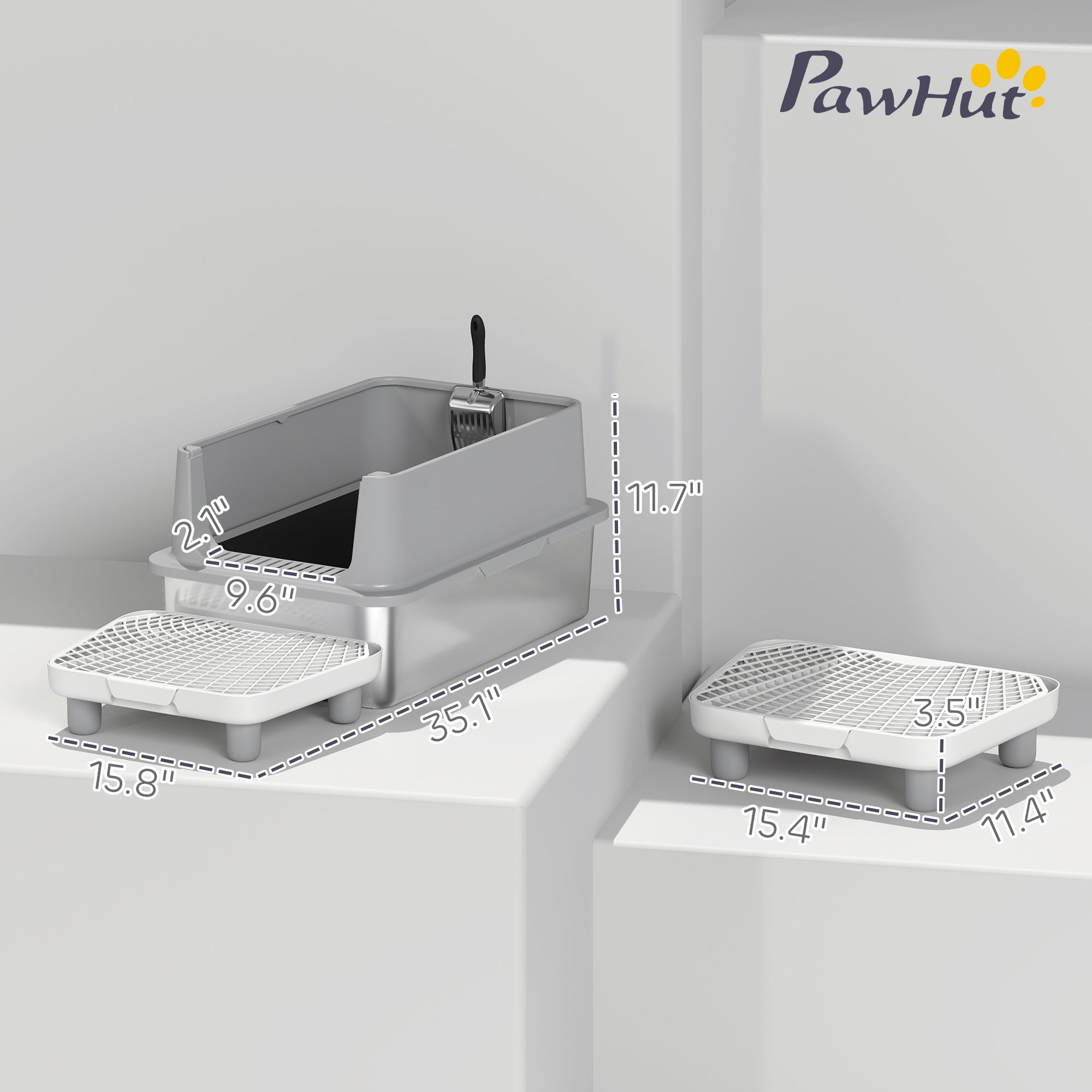 Extra Large Stainless Steel Cat Litter Box with Scoop & Pad, Anti-Urine Leakage, Easy Cleaning, Non-Sticky - Gray - Image 3