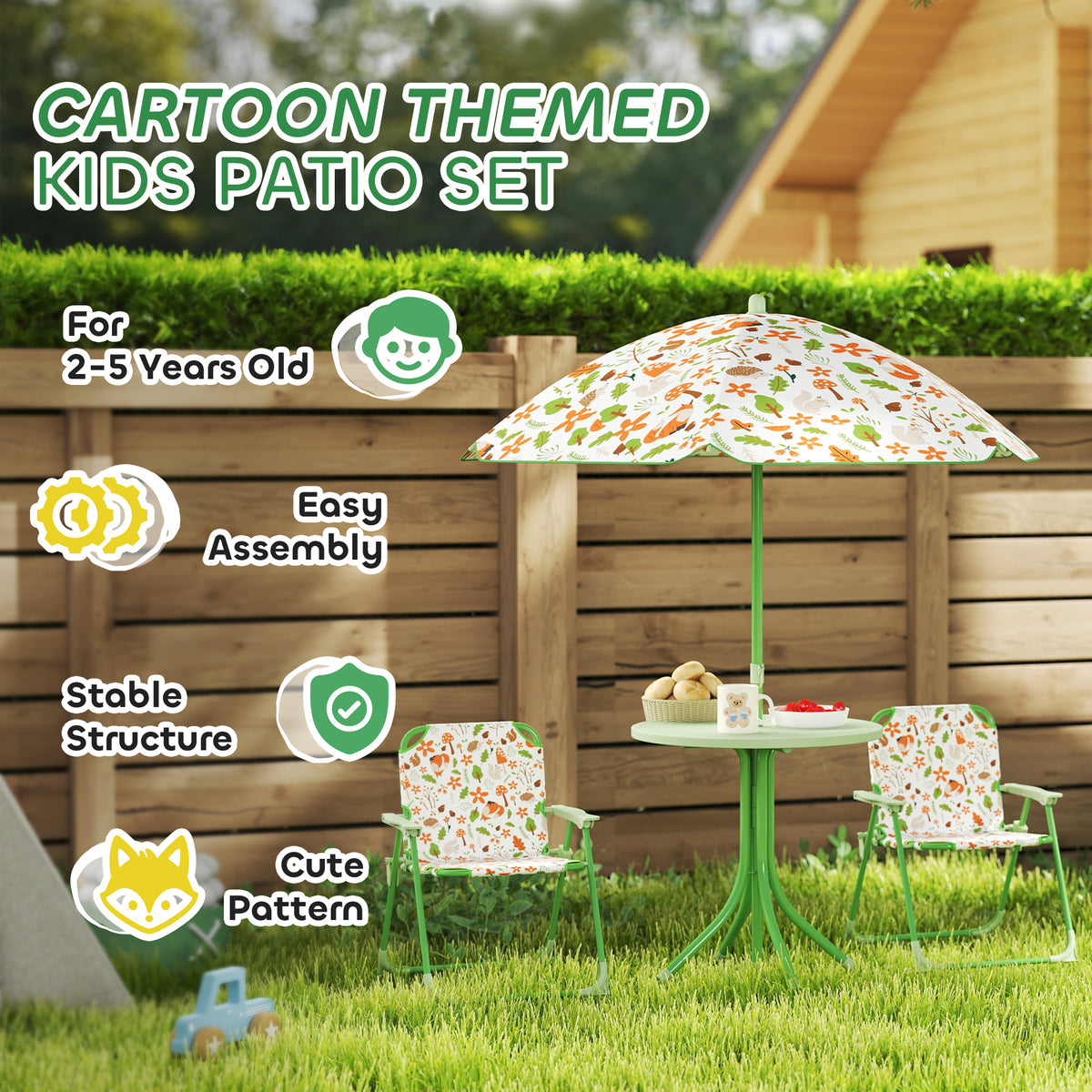 Qaba Kids Picnic Table and Chair Set, Outdoor Activity Table with Foldable Chairs, Removable Umbrella for Backyard, Green