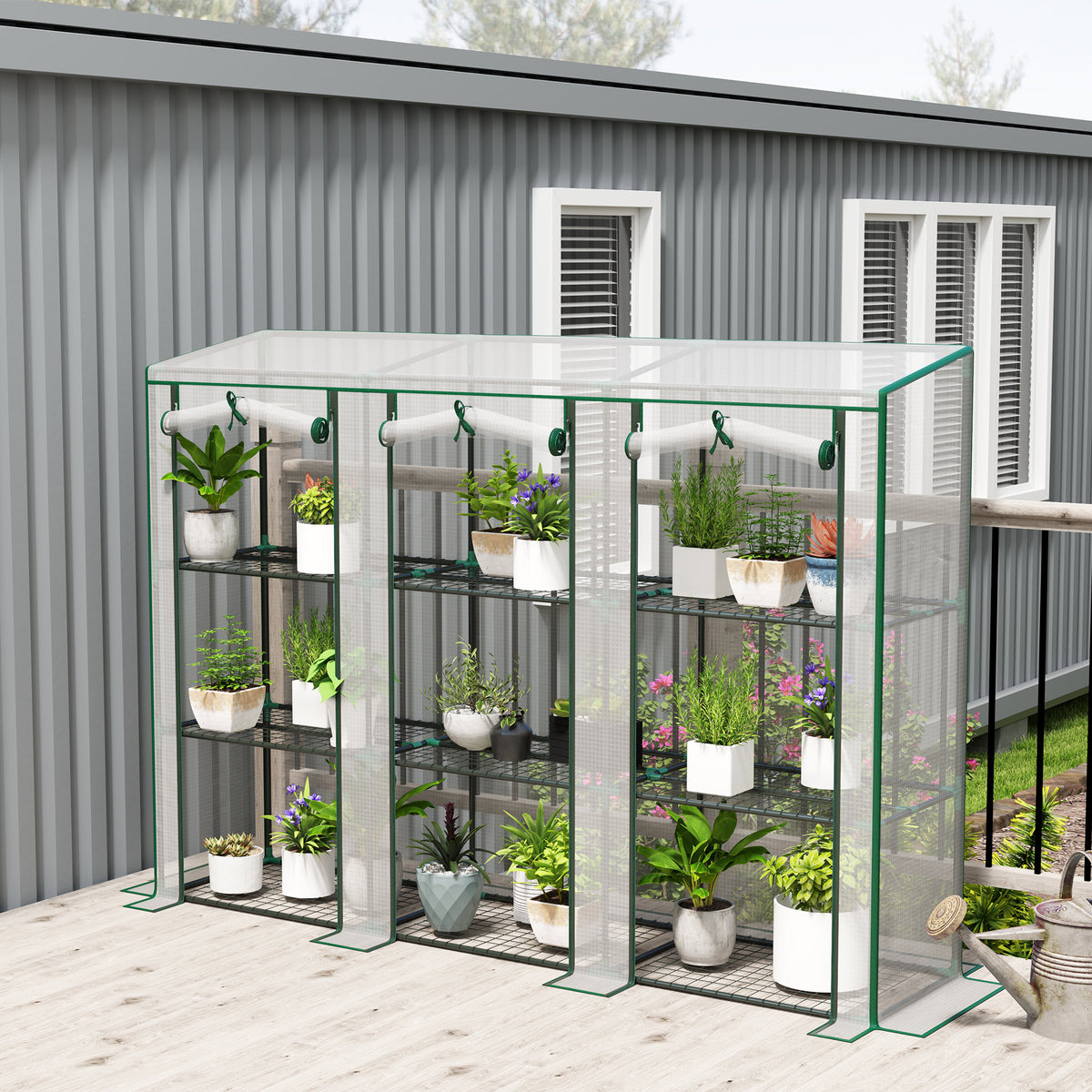 84.6" x 18.1" x 56.7" Lean-to Mini Greenhouse, 3-Tier Shelves, 3 Roll-Up Doors, PE Cover, White