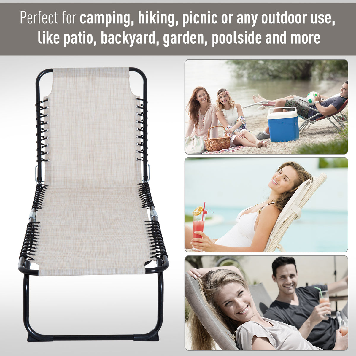 Foldable Chaise Lounge, 3-Position Reclining Back, Portable design and Breathable Mesh for Poolside, Camping, Hiking - Cream White
