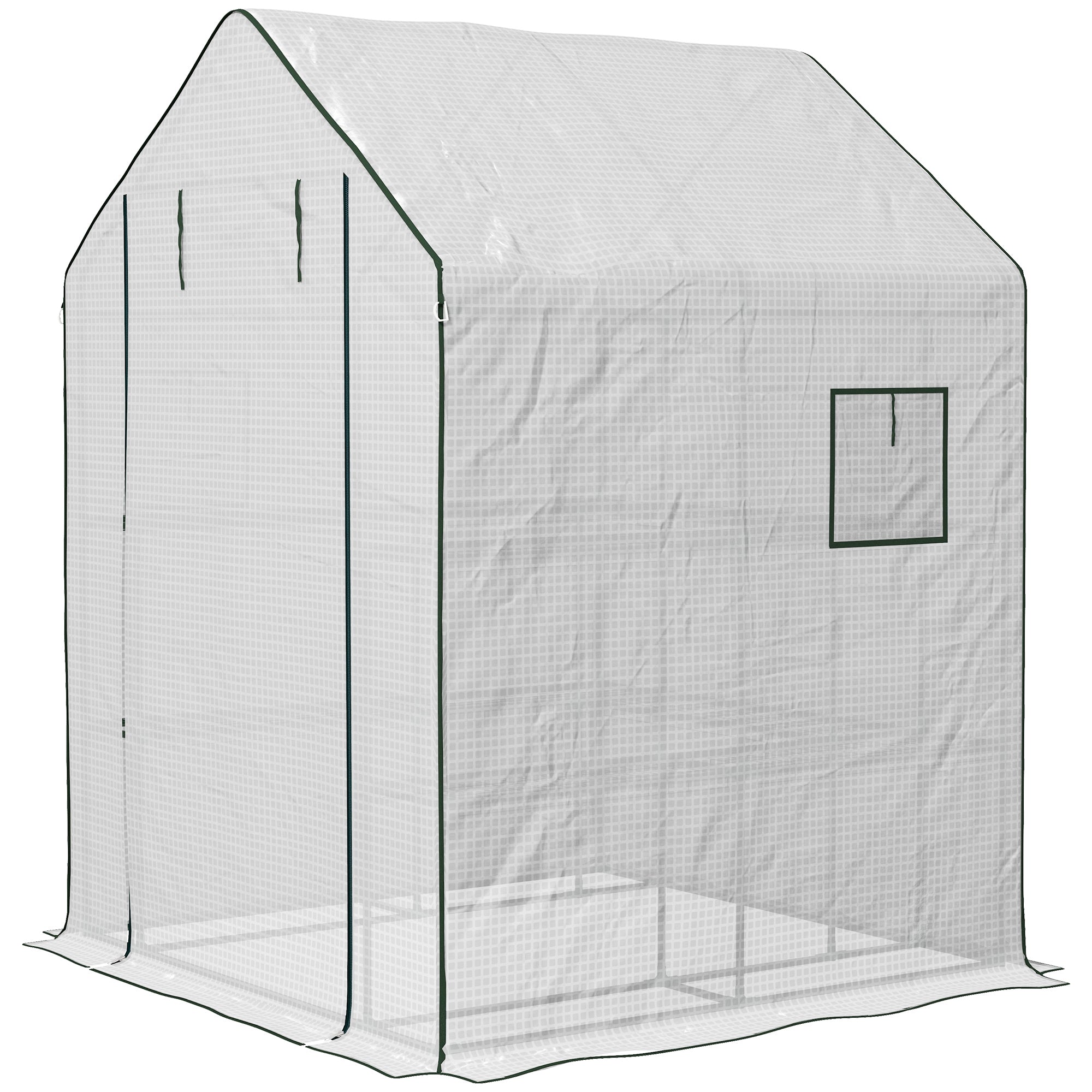 4.6' x 4.7' Portable Greenhouse, Water/UV Resistant Walk-In Small Outdoor Green House with 2 Tier U-Shaped Flower Rack Shelves, Roll Up Door & Windows, White - White