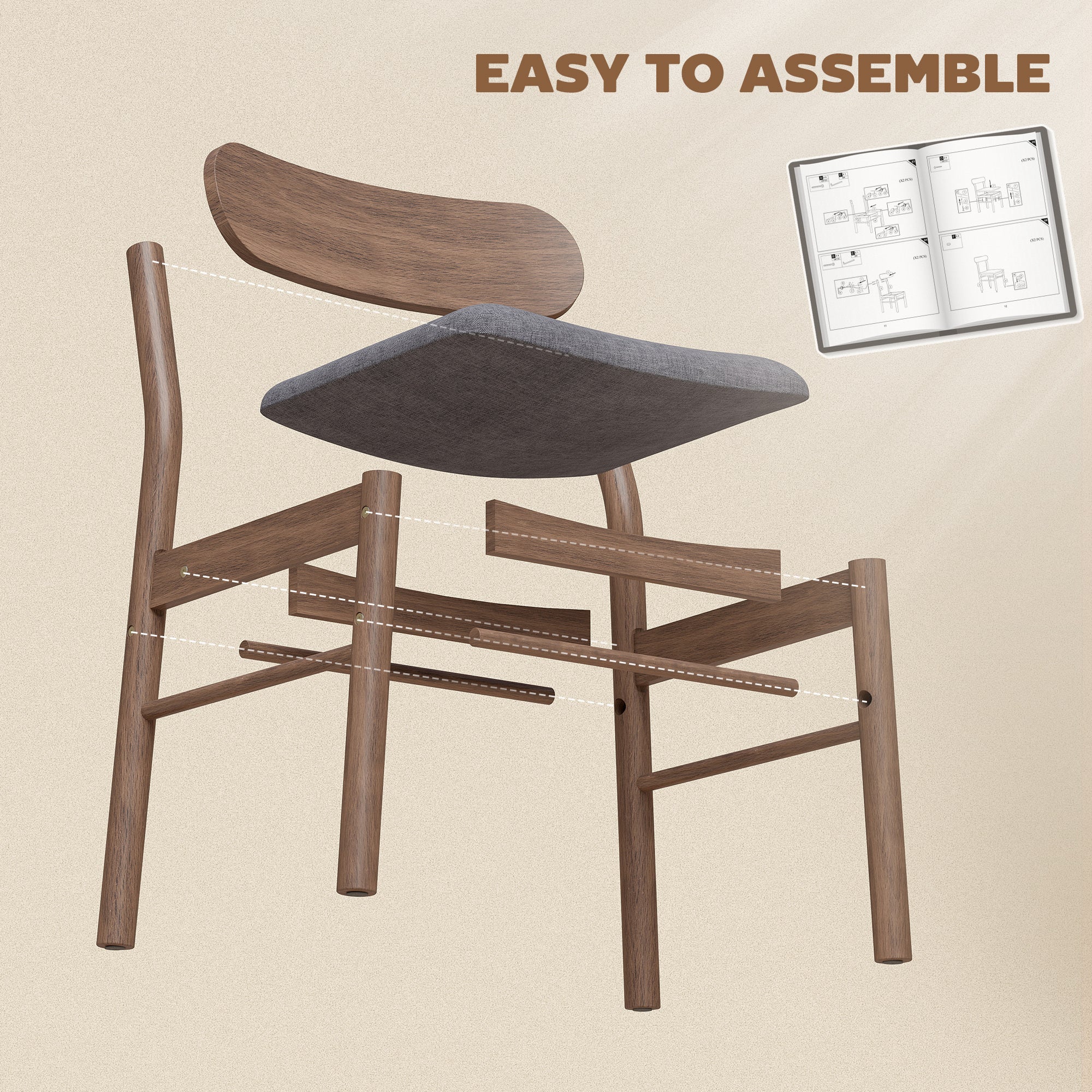 Set of 4 Dining Chairs, Upholstered Dining Room Chairs with Rubberwood Legs and Padded Seat for Kitchen, Gray