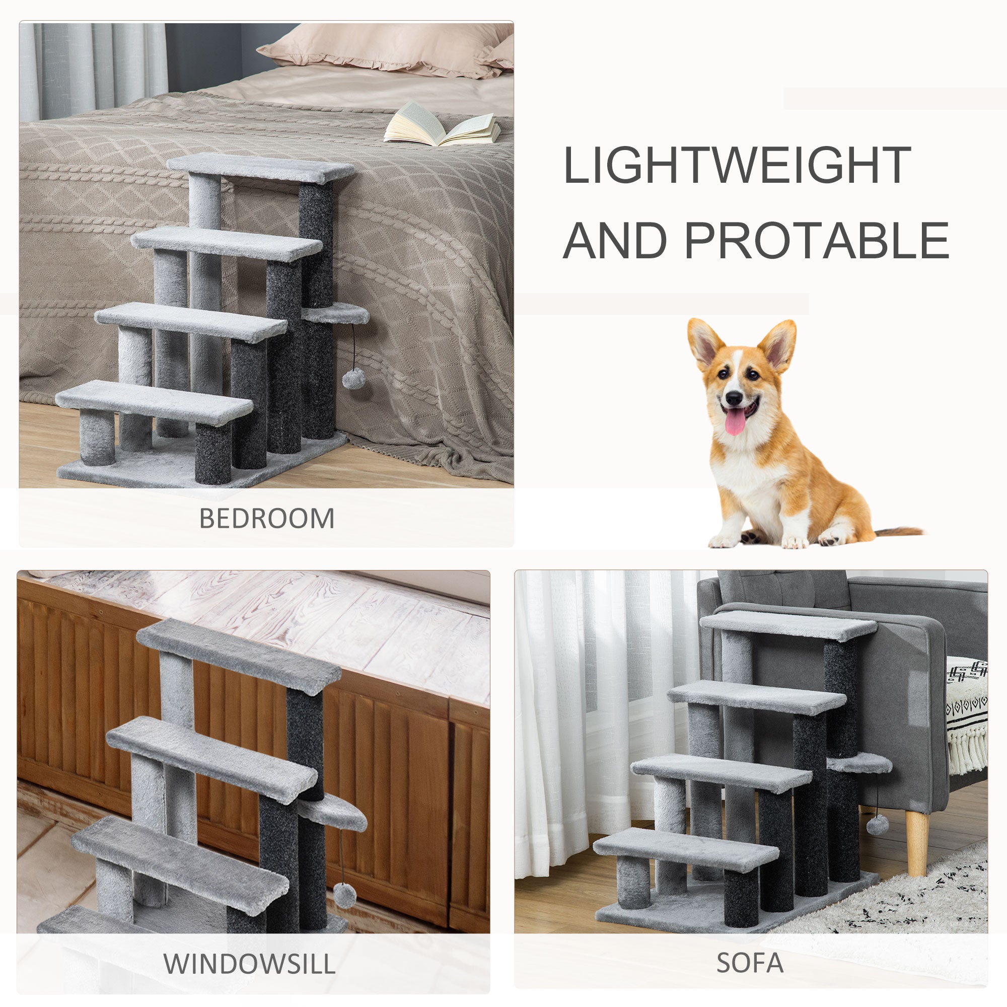 Cat Tree, Cat Tower Cat Stair Steps with Scratching Post, Hanging Play Ball for High Bed, Sofa, Indoor / Outdoor - Light Grey - Image 7