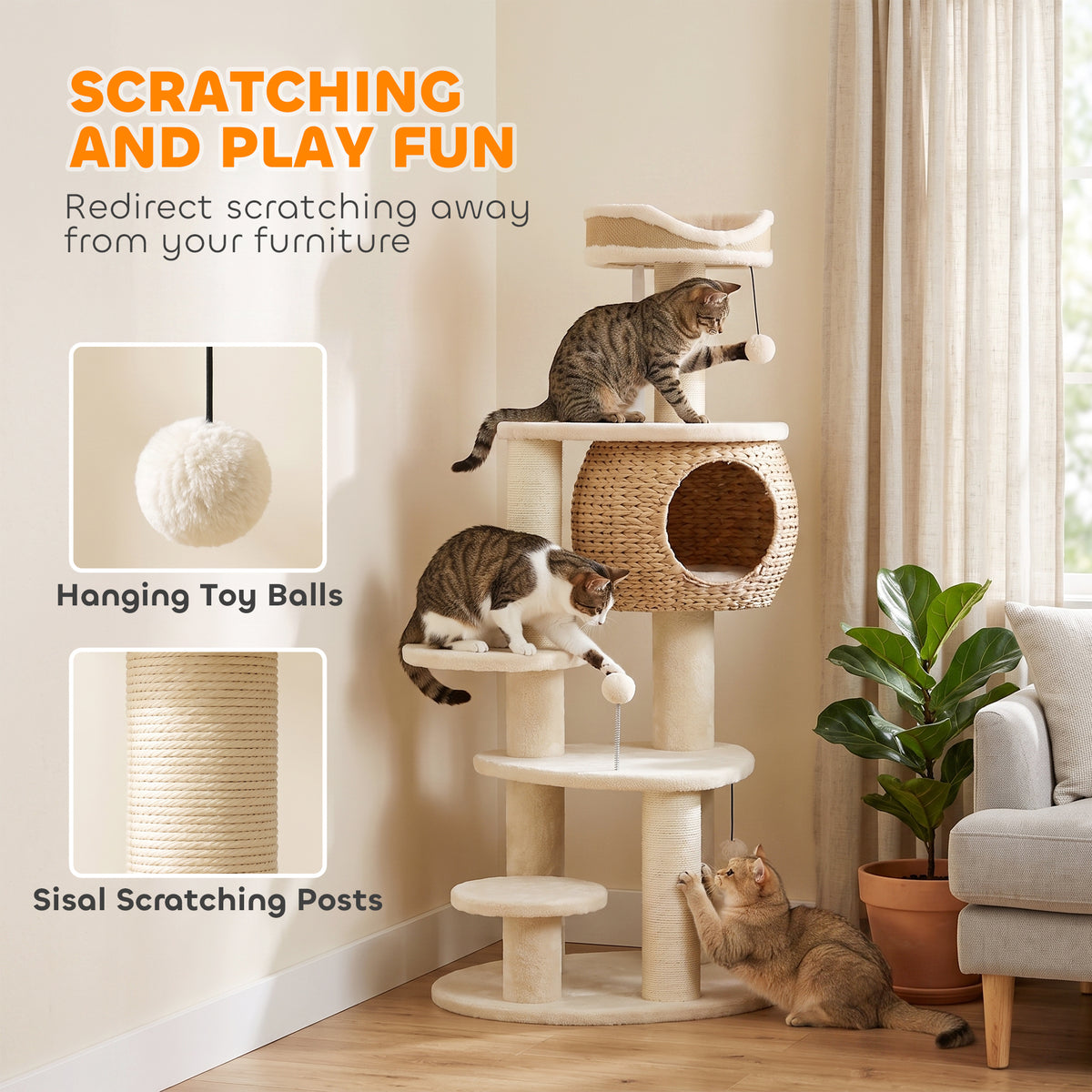 52" Cat Tree, Cat Tower with Handwoven Cattail Condo, Bed, Platforms, 3 Scratching Posts and 3 Toy Balls