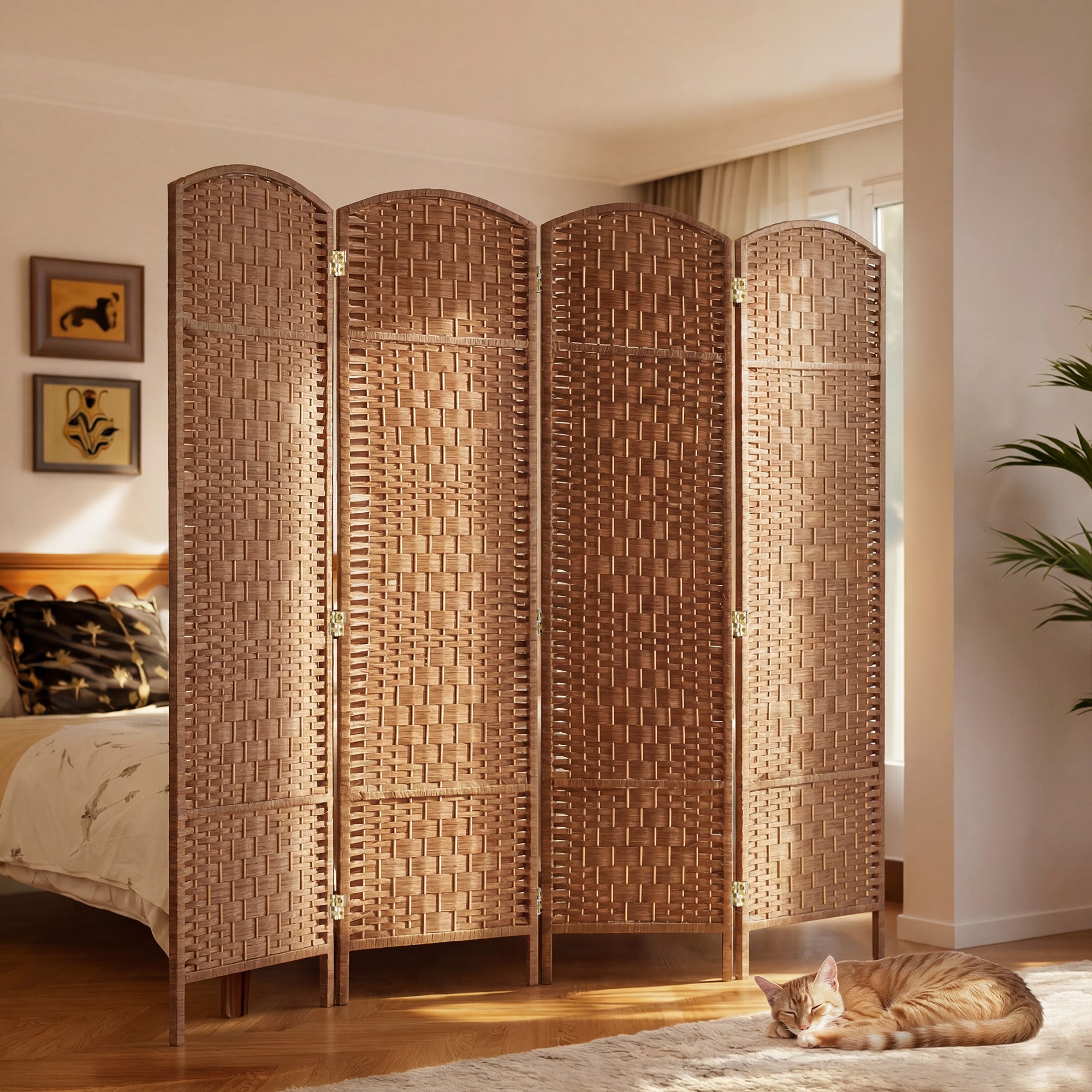 Room Divider 4 Panel, 6FT Tall Folding Privacy Screen, Freestanding Hand-Woven Partition for Room Separation with 360° Hinges, Paper Rope Diamond Weave, Natural