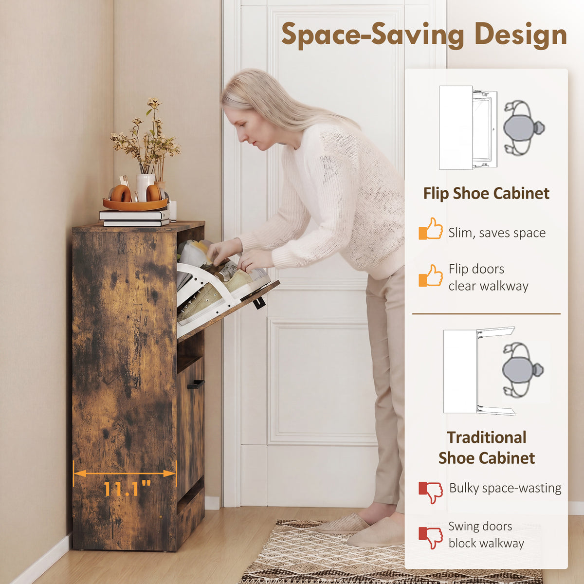 Shoe Cabinet 2 Flip Drawers Narrow Shoe Storage Unit Adjustable Dividers Entryway Hallway Rustic Brown
