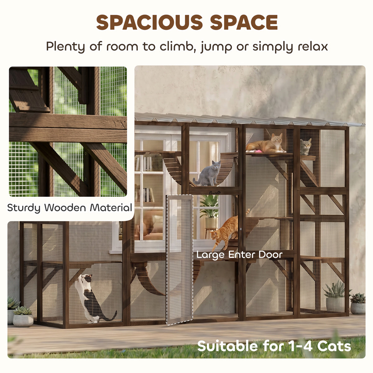 Catio Playground Cat Window Box Outside Enclosure for Multiple Cats w/ Shelves & Bridges, Coffee Brown