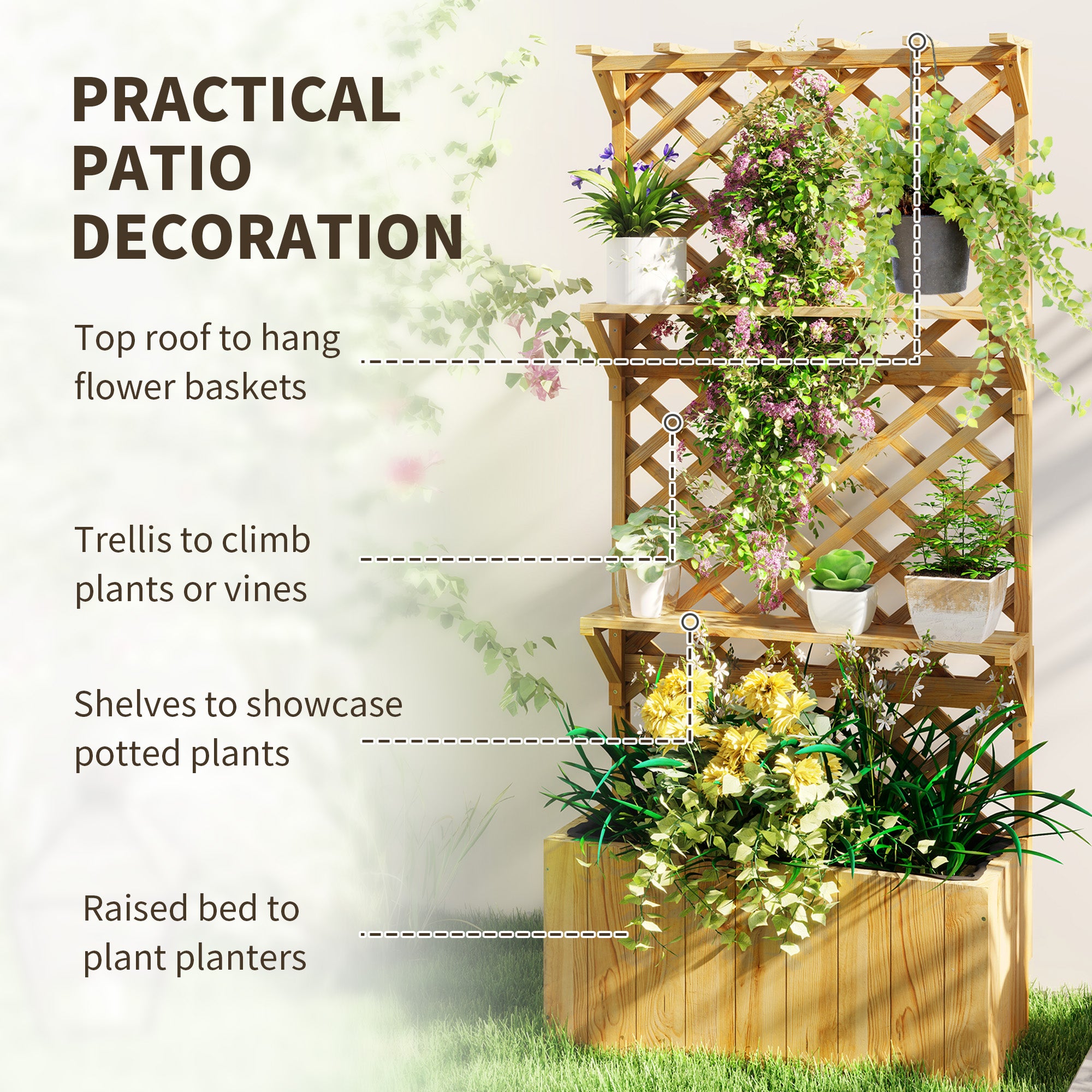 Raised Garden Bed, Wooden Planter with Trellis, Hanging Roof, Plant Shelf, Drainage Holes and Bed Liner, Natural - Natural Wood - Image 4