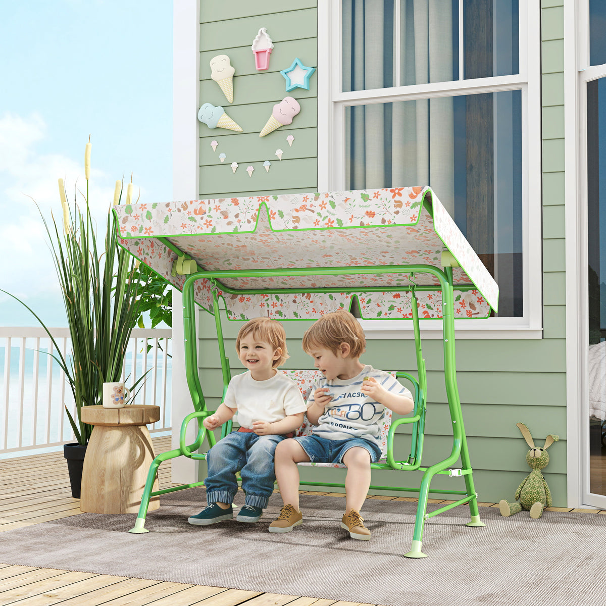 Qaba Kids Patio Swing Chair with Adjustable Canopy, Safety Belt for Patio, Garden, Poolside, Balcony, Green