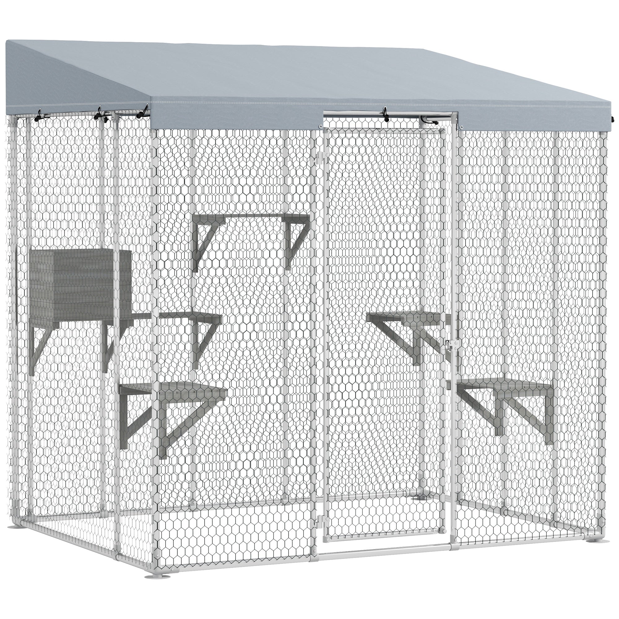 79" Galvanized Steel Large Catio with Waterproof Canopy, Sleeping Box, Jumping Platforms, for 1-3 Kittens, Silver - Silver