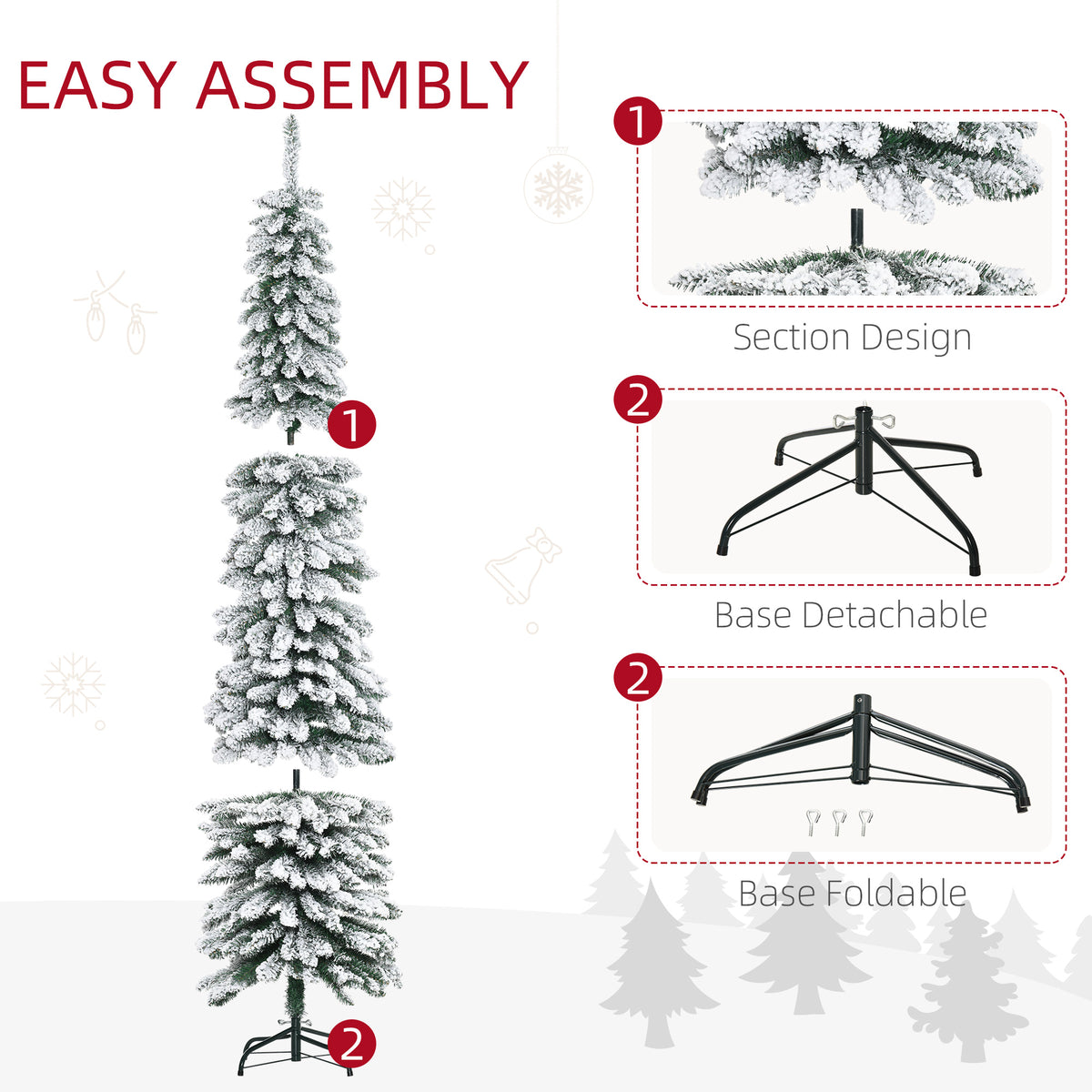7' Tall Unlit Slim Pencil Xmas Tree, Snow-Flocked Artificial Christmas Tree with Realistic Branches and 603 Tips, Green