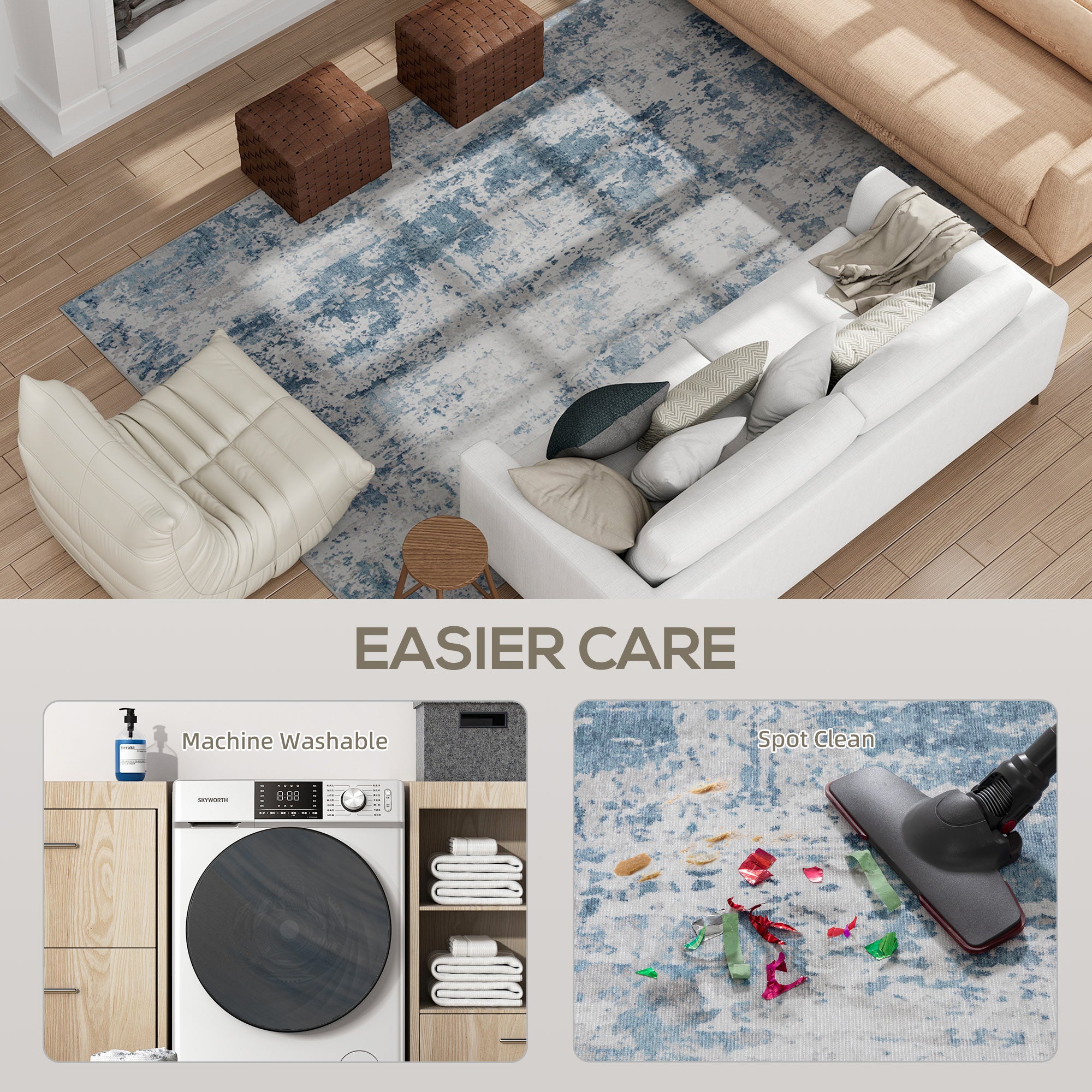 Area Rug 8x10, Machine Washable Rug, Non-Slip Modern Abstract Floor Carpet for Living Room, Bedroom, Dining Room, Blue