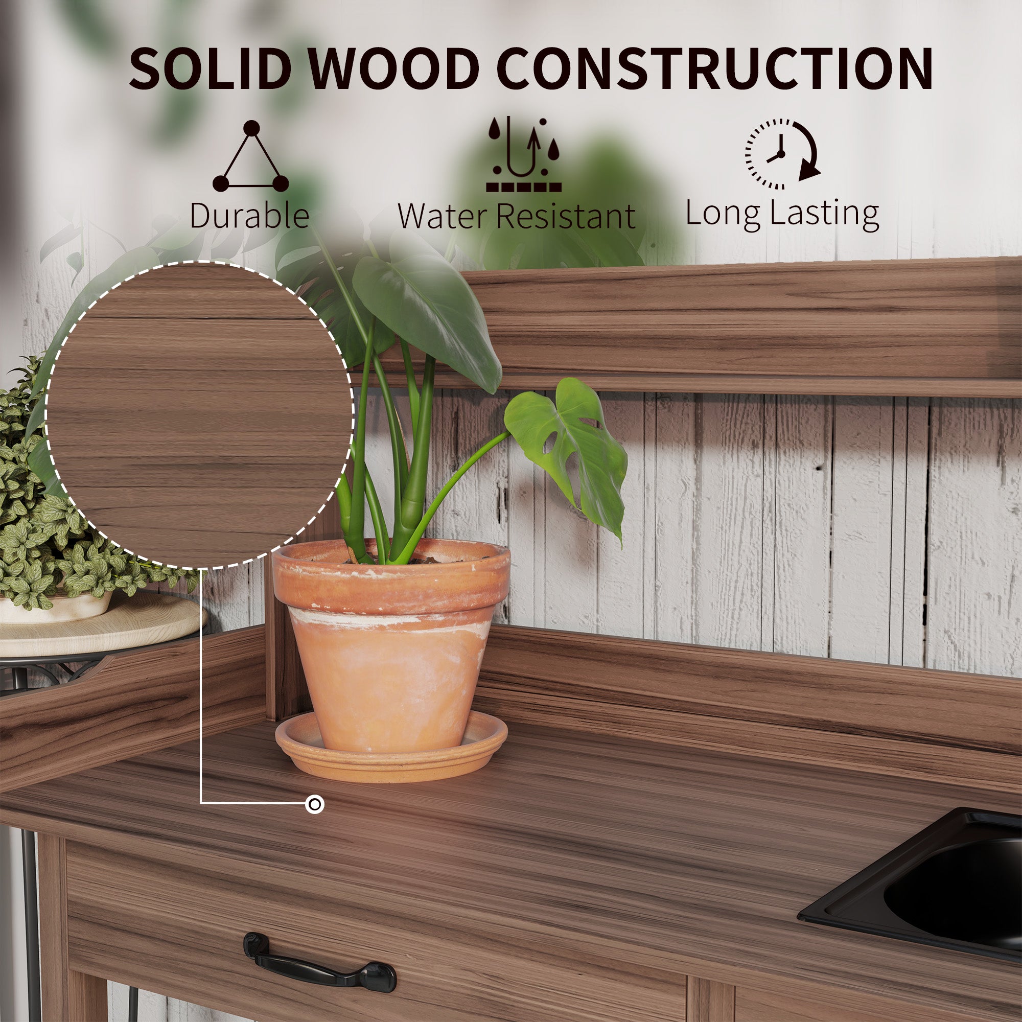 Potting Bench Table with Sink, Outdoor Work Bench Table with Storage Cabinet, Hooks, Removable Sink, Faucet and Drawer for Greenhouse, Garden, Patio, Dark Brown - Brown - Image 6
