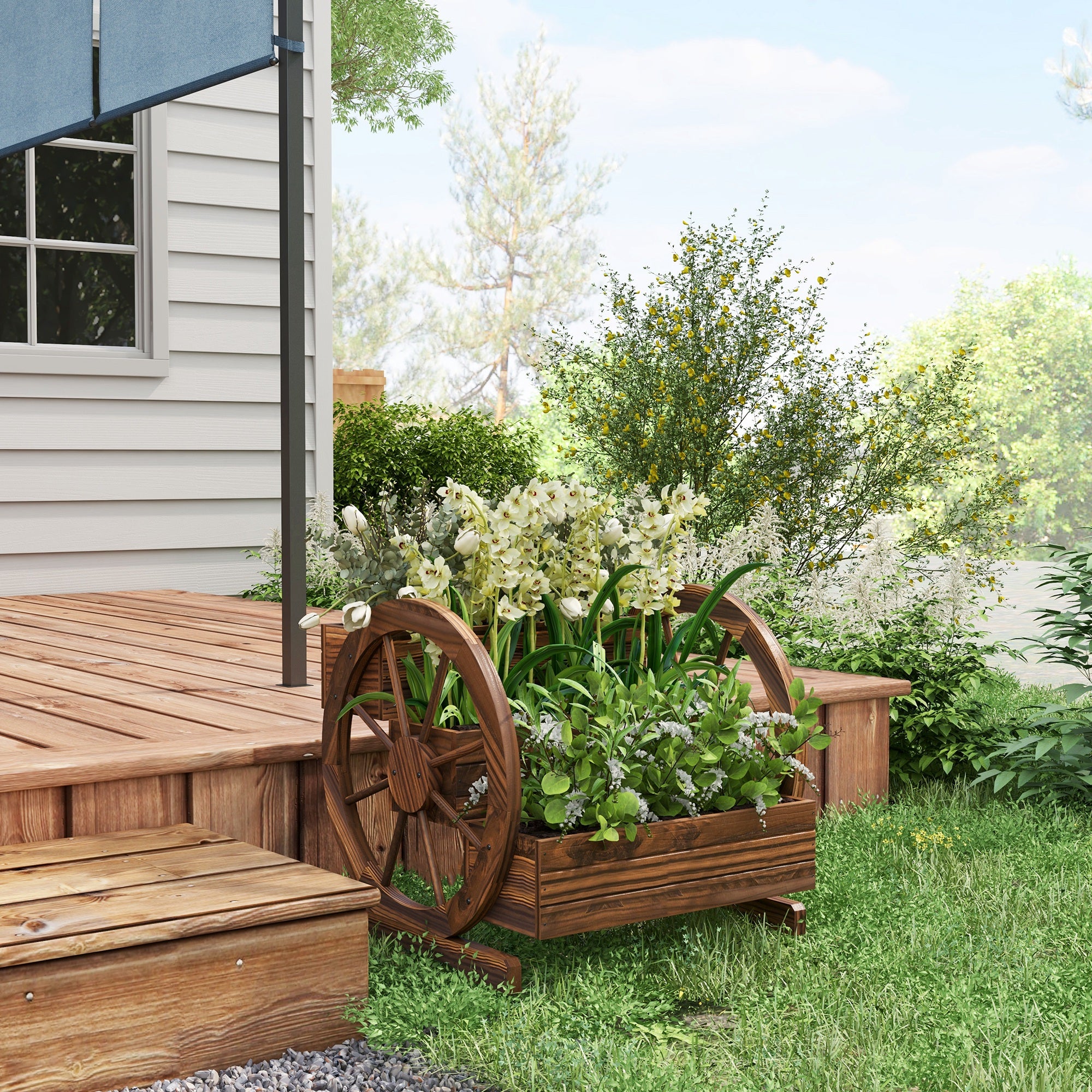 Wooden Wagon Planter Box, 3-Tier Raised Garden Bed, for Vegetables Flowers Herbs, 25" x 24" x 23" - Carbonized - Image 7