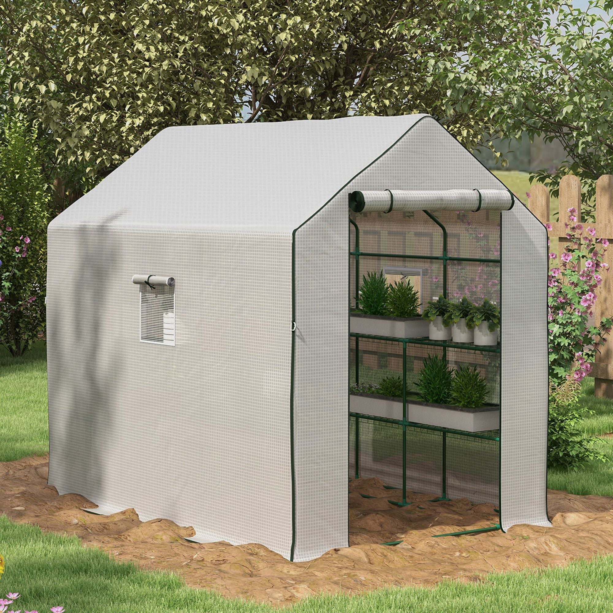 4.6' x 4.7' Portable Greenhouse, Water/UV Resistant Walk-In Small Outdoor Green House with 2 Tier U-Shaped Flower Rack Shelves, Roll Up Door & Windows, White - White - Image 2