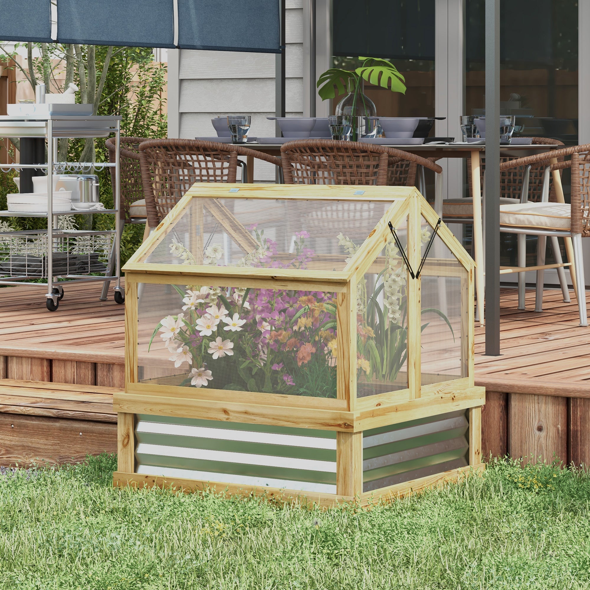 Raised Garden Flower Bed Kit with Greenhouse, Wooden Cold Frame Planter, 35.5" x 31.5" x 36", Natural - Natural Wood - Image 2