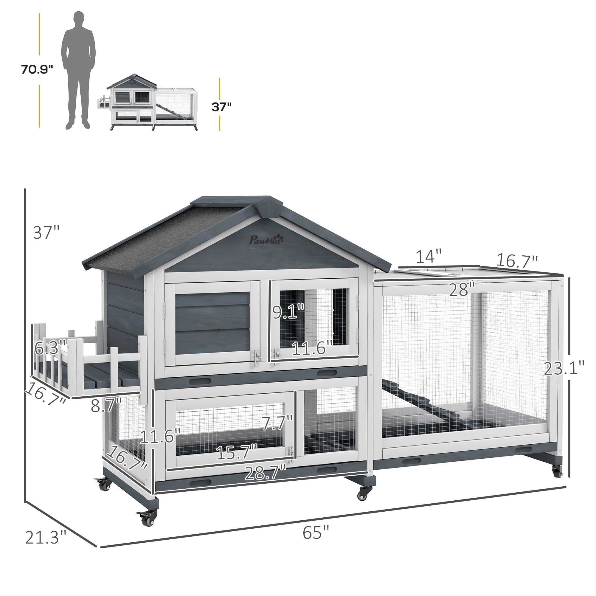 65" Wooden Rabbit Hutch, Pet Playpen with Openable Roof & Storage Box for Rabbits and Small Animals, Gray - Gray - Image 3
