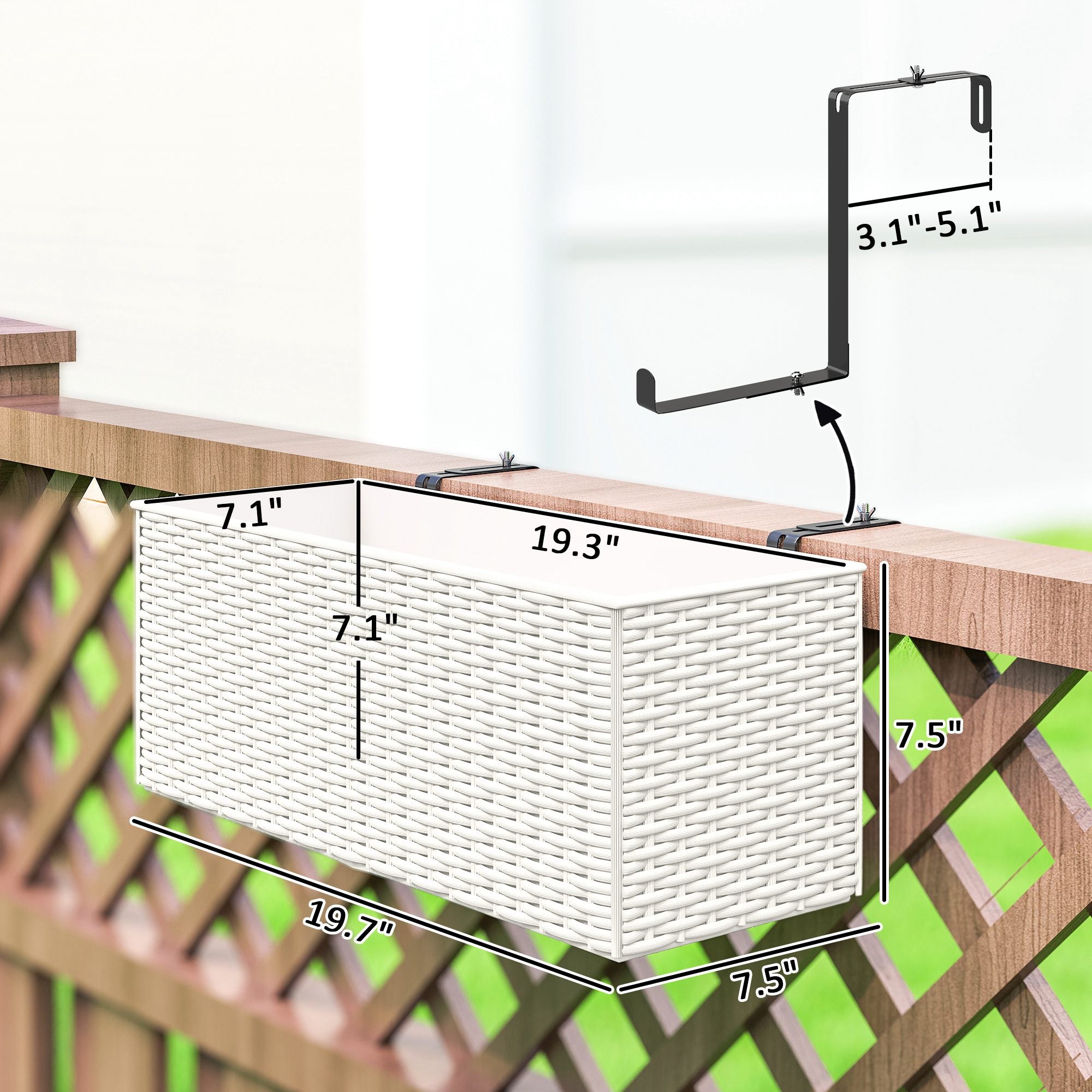2 Pack 20 Inch Railing Flower Pots, Hanging Flower Pots with Hooks, Drainage Holes for Fence, Rattan Look, White - White - Image 3