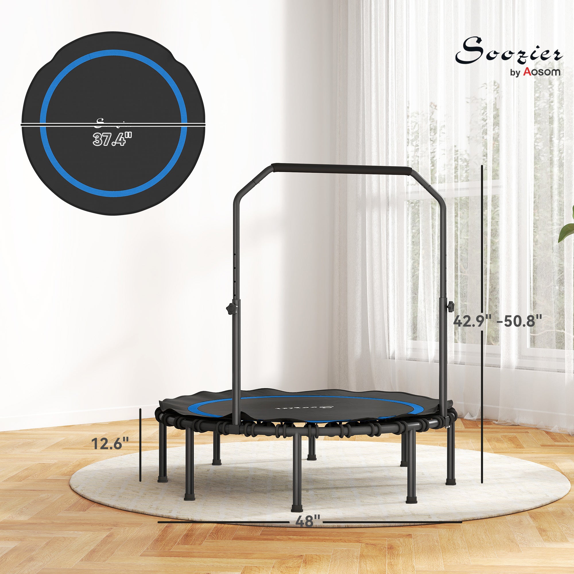 48" Rebounder Trampoline for Adults, Foldable Mini Trampoline with Adjustable Handle Bar for Indoor Outdoor, Blue