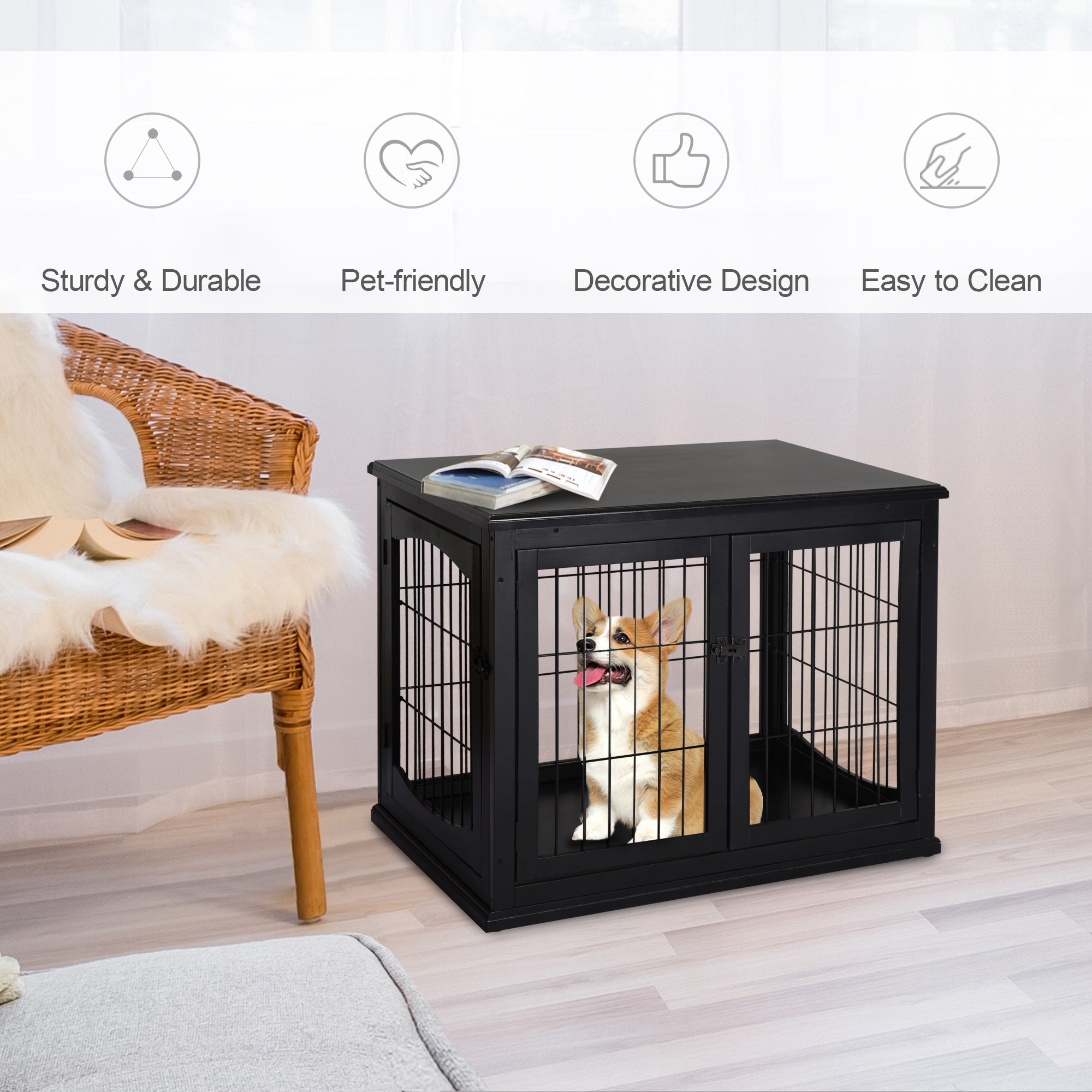 Dog Crate Furniture, 32" Small Dog Cage End Table with 2 Doors, Lockable Door, Puppy Kennel Indoor, Black - Black - Image 4