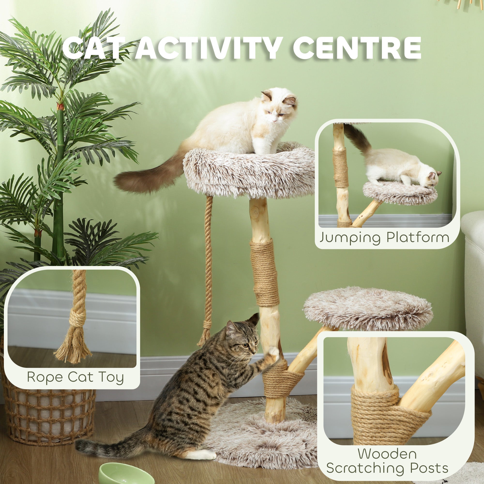 35 Inch Modern Cat Tree for Indoor Adult Cats with Wooden Scratching Posts, Cat Bed & Rope Cat Toy, Brown - Brown - Image 4