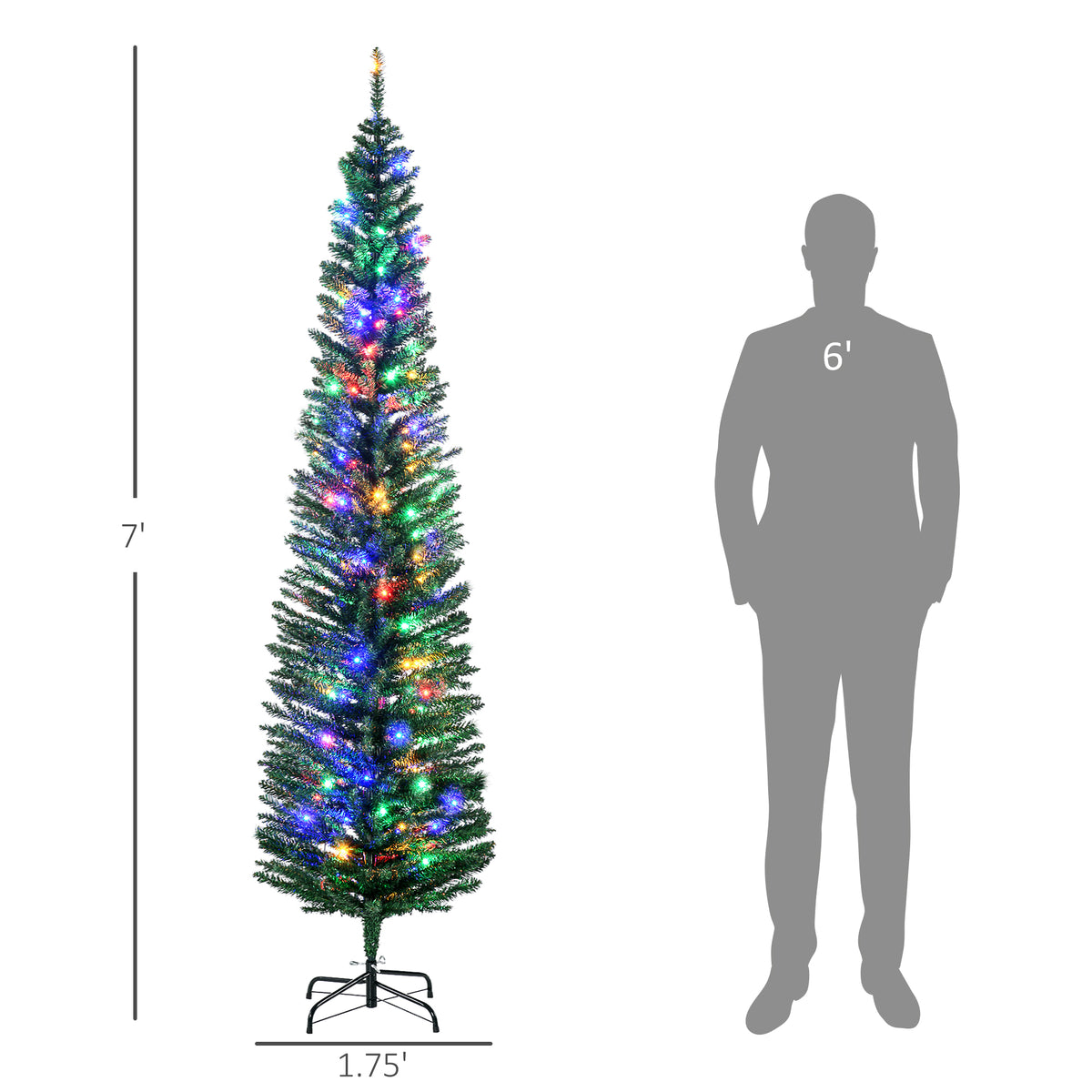 7' Artificial Pencil Christmas Trees Holiday Decoration with Colorful LED Lights, Steel Base, Skinny Shape