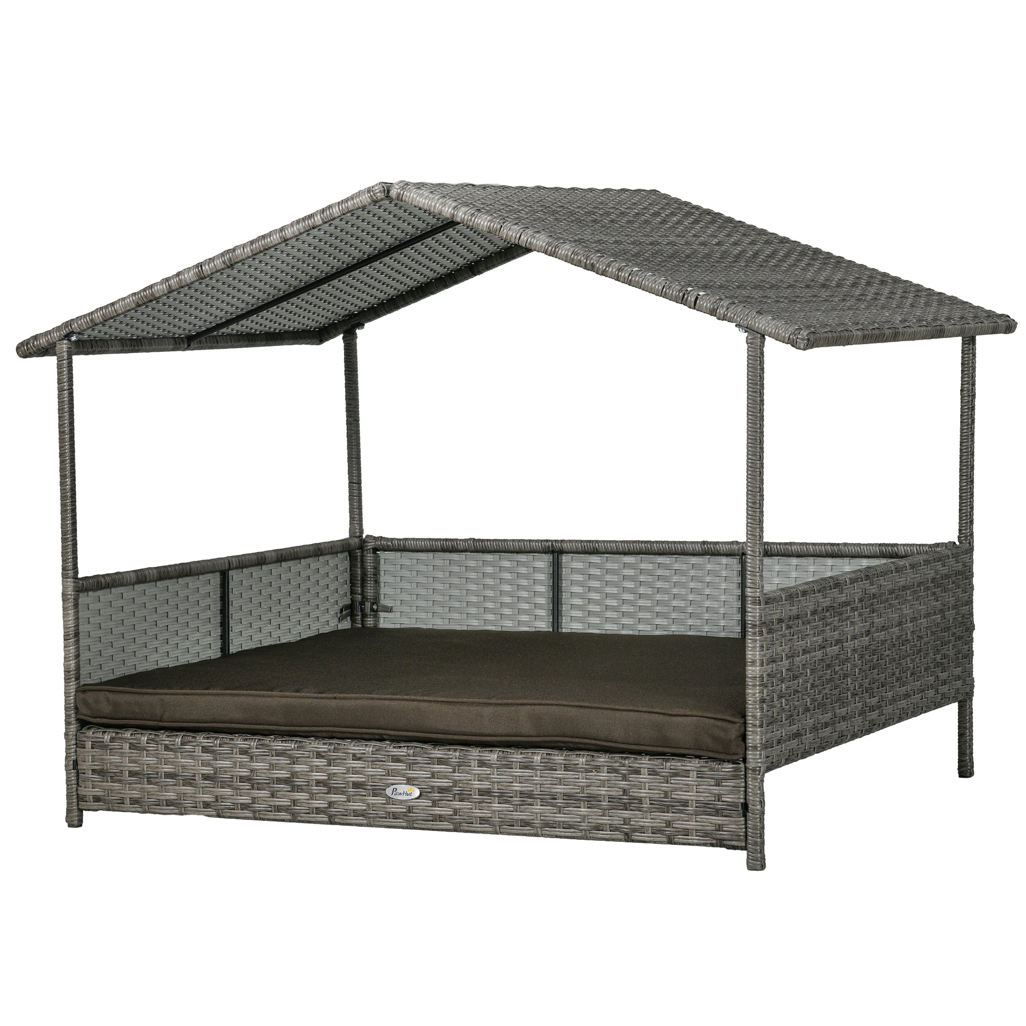 Outdoor Dog Bed with Canopy, Rattan Dog Bed with Soft Cushion Removable Cover for Medium and Large Dogs, Charcoal Gray - Charcoal Gray