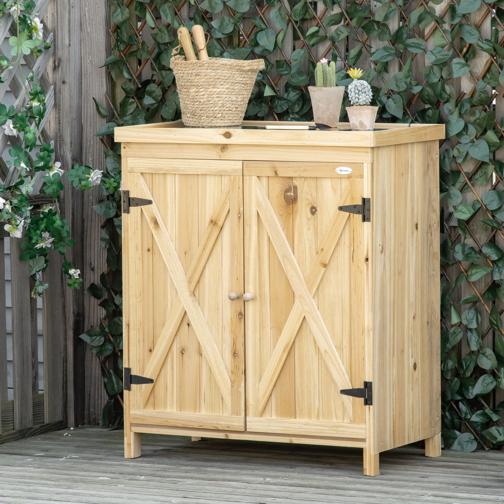 Garden Storage Cabinet, Outdoor Tool Shed with Galvanized Top and Two Shelves for Yard Tools or Pool Accessories, Natural - Natural Wood - Image 2