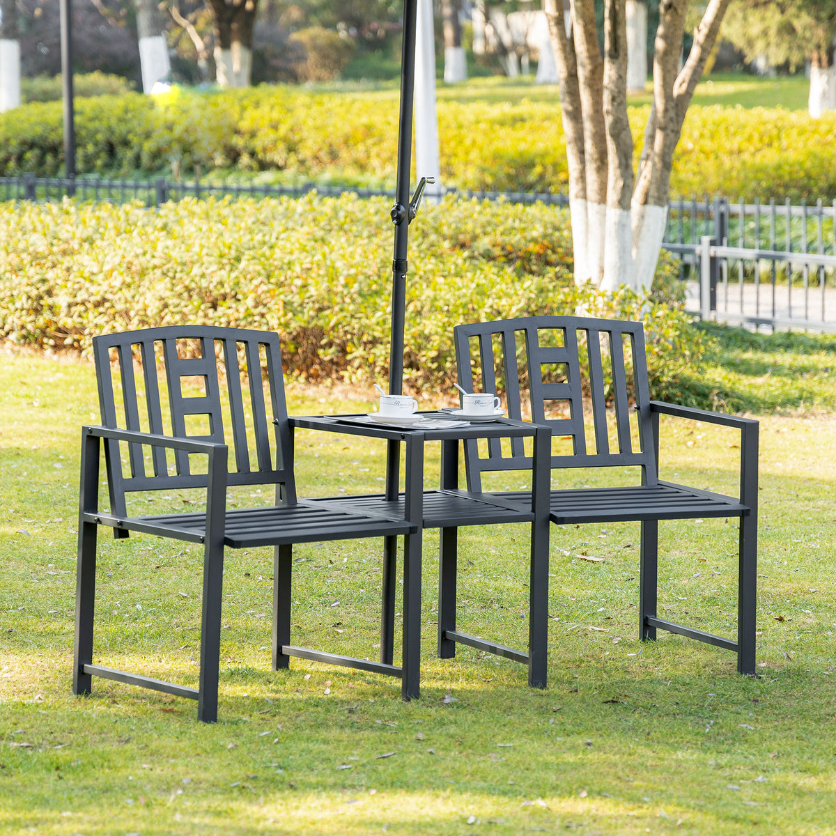 Metal Garden Bench with Middle Table and Umbrella Hole, 2-in-1 Double Patio Chairs, Outdoor 2-person Tete-a-Tete, Slatted, Black