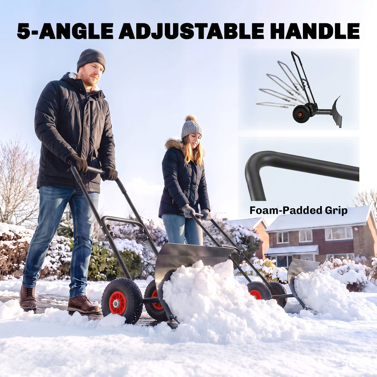 Snow Shovel with Wheels, 29" x 16.5" Metal Snow Pusher with Adjustable Handle, 5-Angle Blade for Driveway, Black