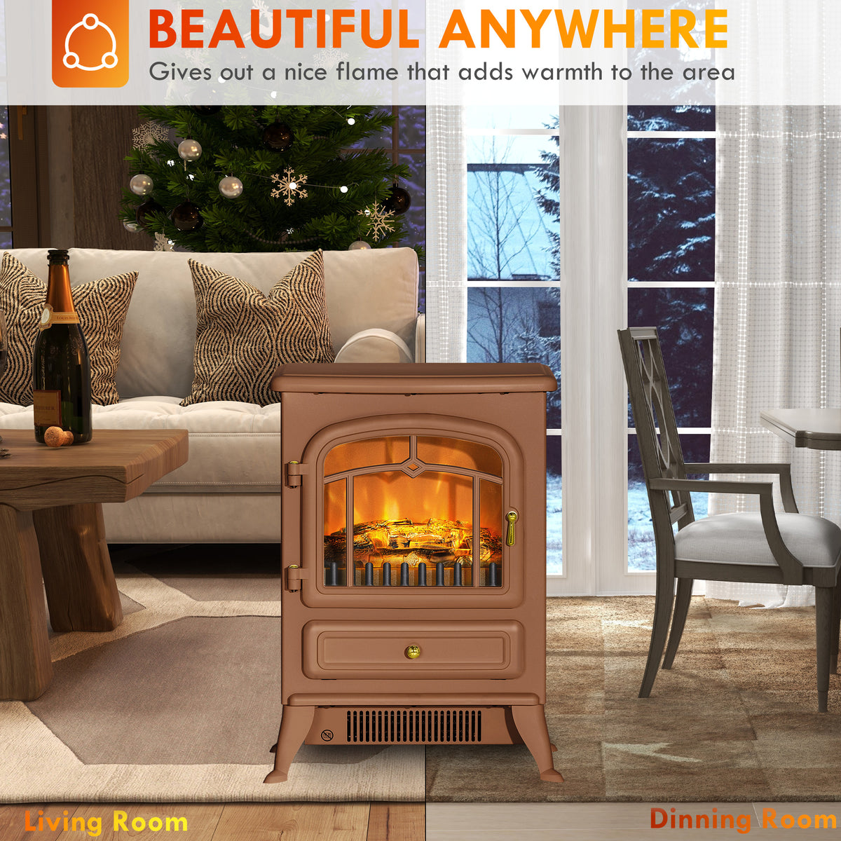 Fireplace Stove, Electric Fireplace Heater with Realistic LED Flames and Logs, 725W/1450W, Dark Brown