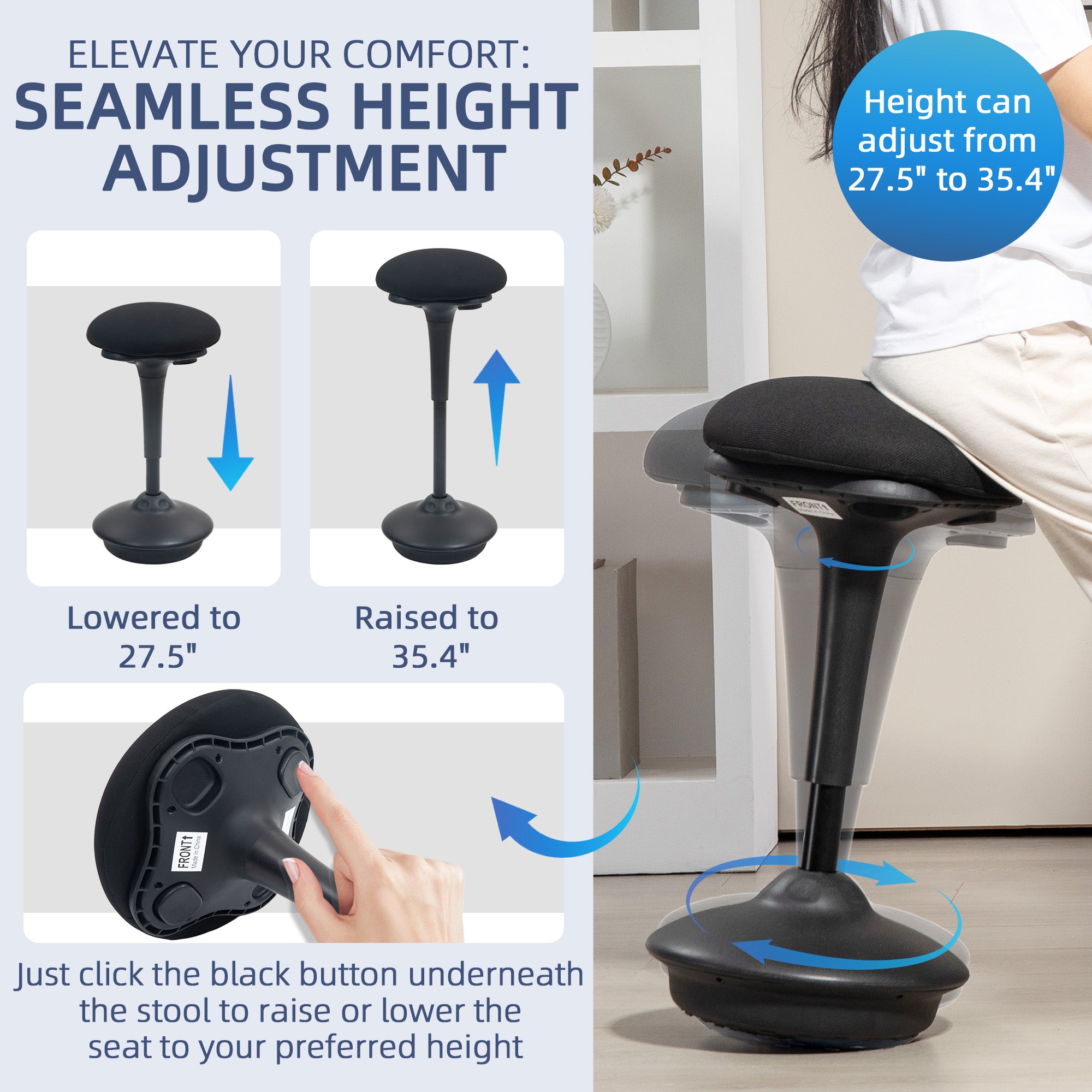 Backless Wobble Chair, Adjustable Active Ergonomic Stool Chair, with Rocking Motion, Padded, Black