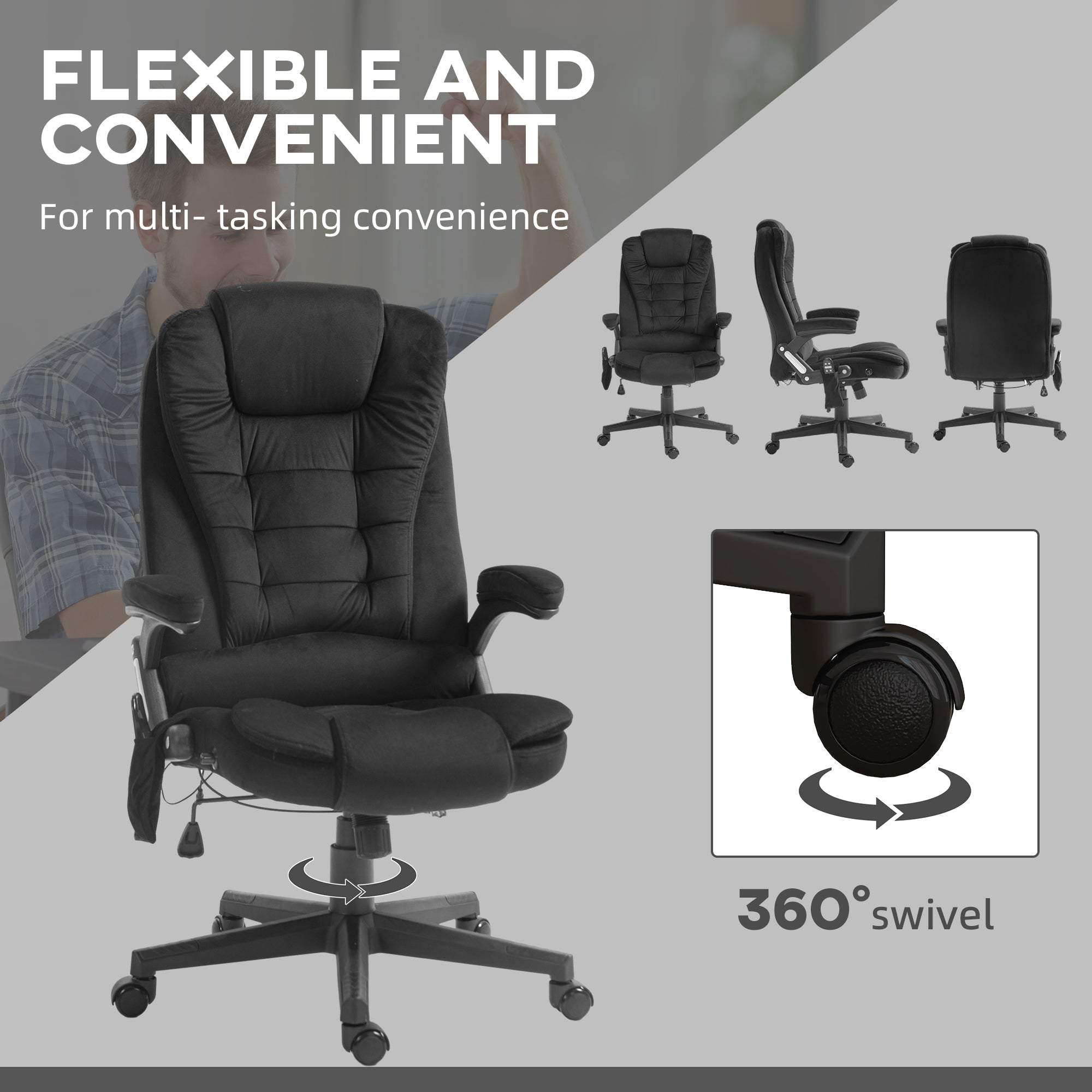 6 Point Executive Office Chair with Heat, Velvet High Back Vibrating Massage Office Chair, Black