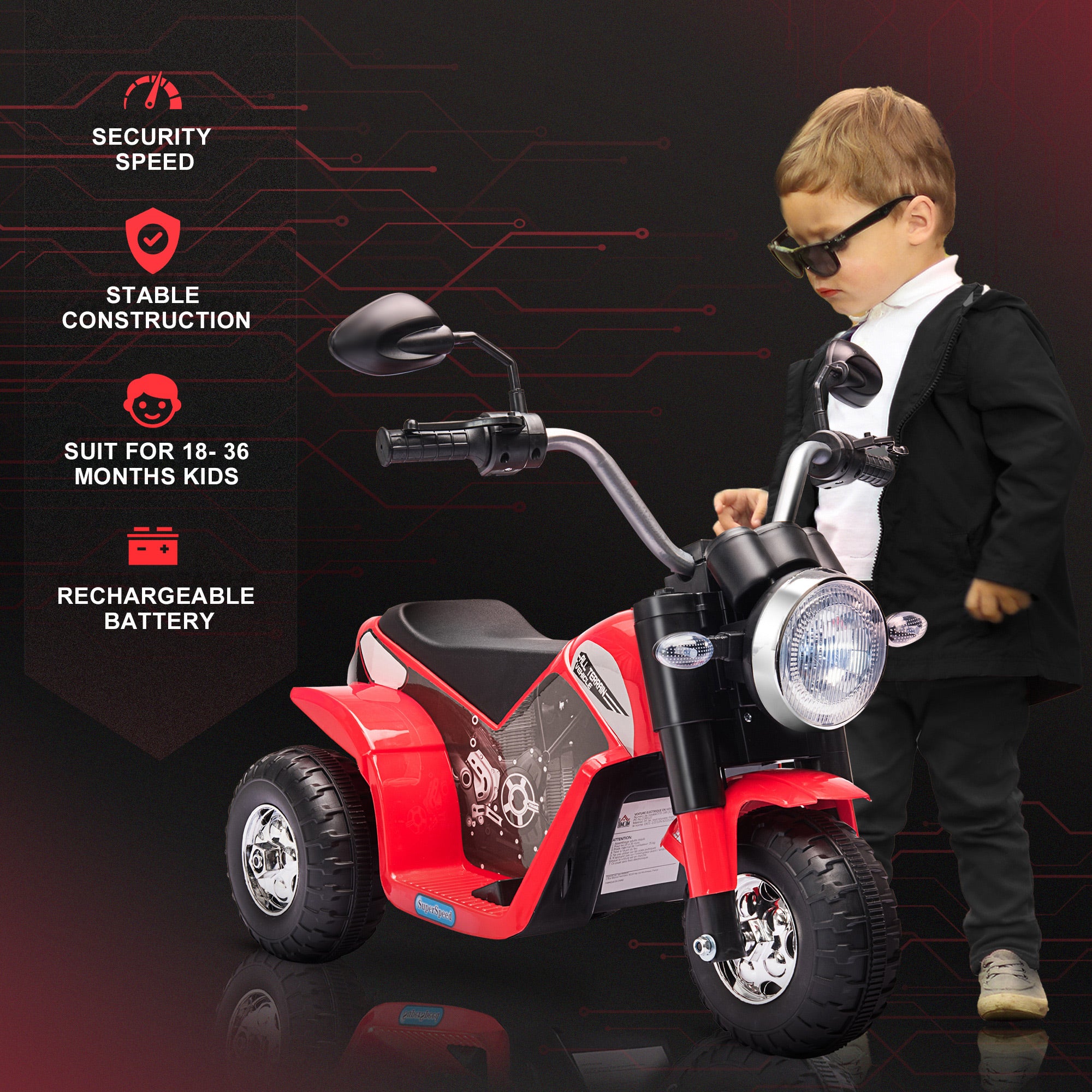 Electric Motorcycle for Kids, 6V Battery Powered Ride-On Dirt Bike 3-Wheels Motorbike with Horn Headlights Realistic Sounds Speed for 18 - 36 Months Red