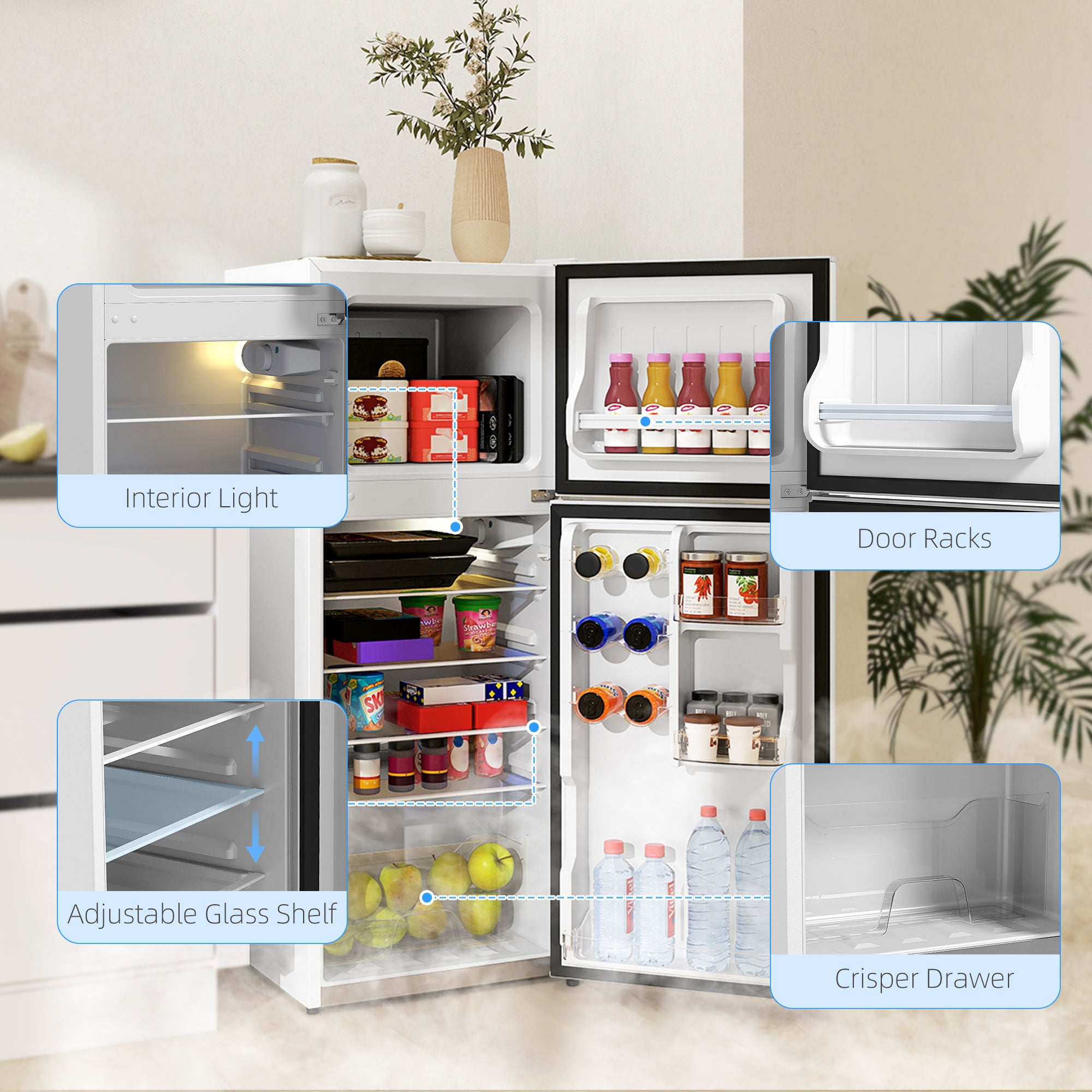 Small Fridge with Freezer, 4 Cu Ft Refrigerator with Reversible Doors, White