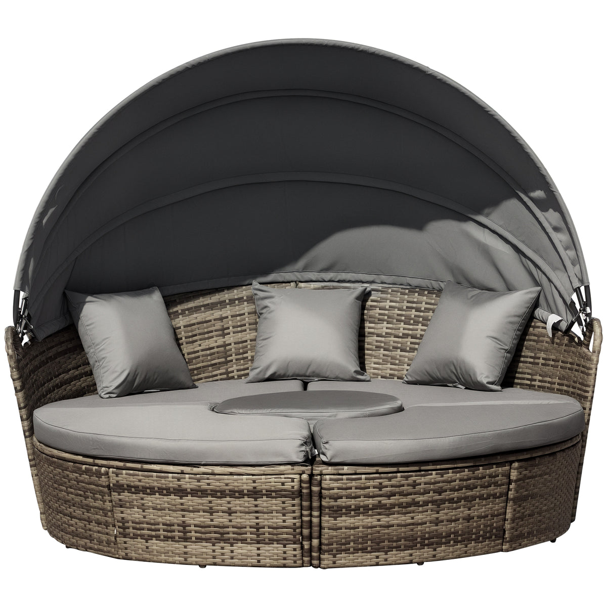 4-Piece Round Convertible Daybed with Cushions, Outdoor PE Rattan Patio Wicker Sofa Set, Dark Gray