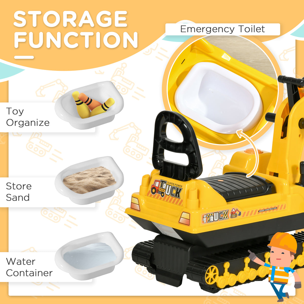 Qaba No Power Ride On Excavator Toy Tractors Digger Movable Scooter Walker Pretend Play Toddler Construction Truck Basket Storage For Boys Girls 18-48 Months Yellow Black