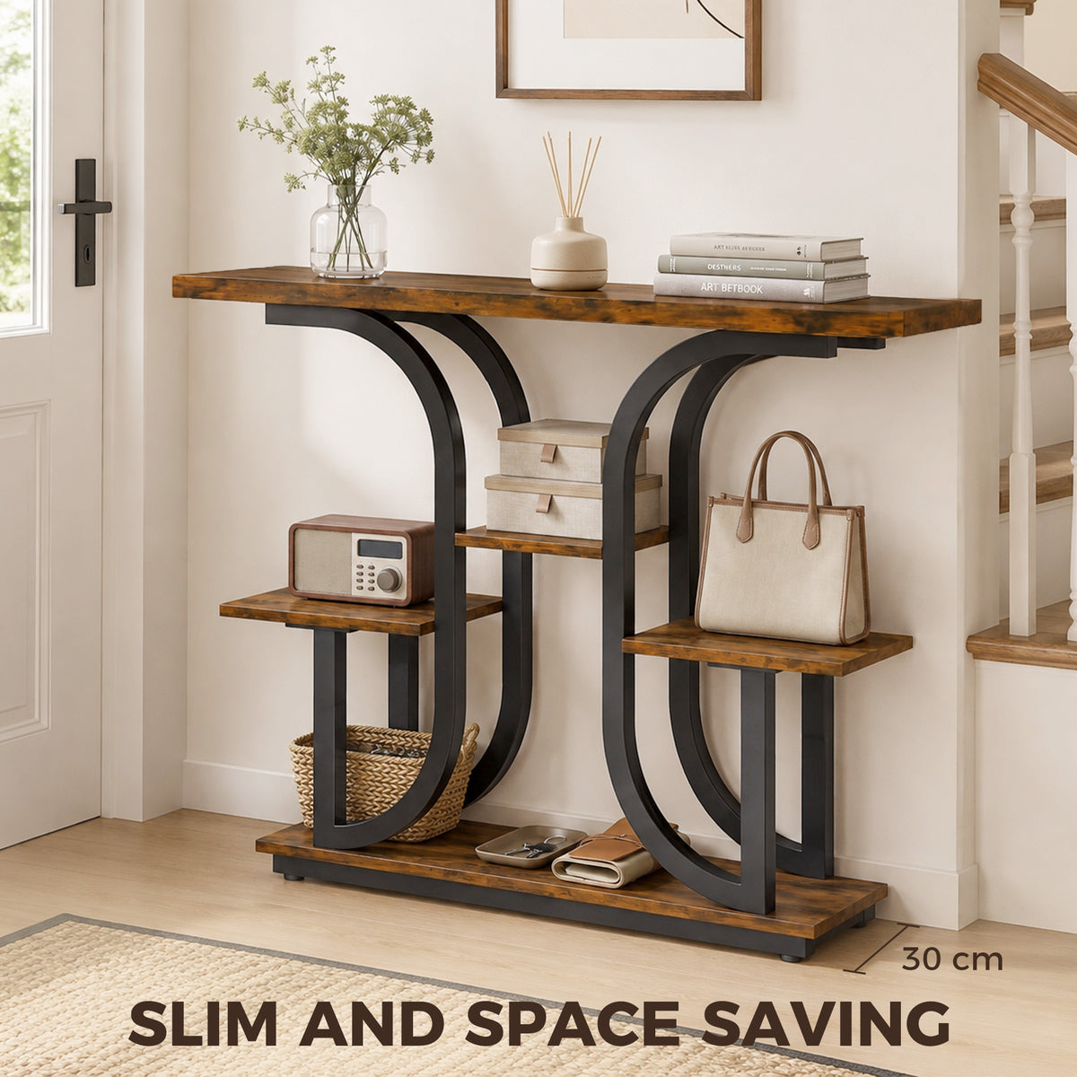 42.5" Modern Console Table, 3-Tier Narrow Entryway Table with Open Storage Shelves for Entryway, Rustic Brown