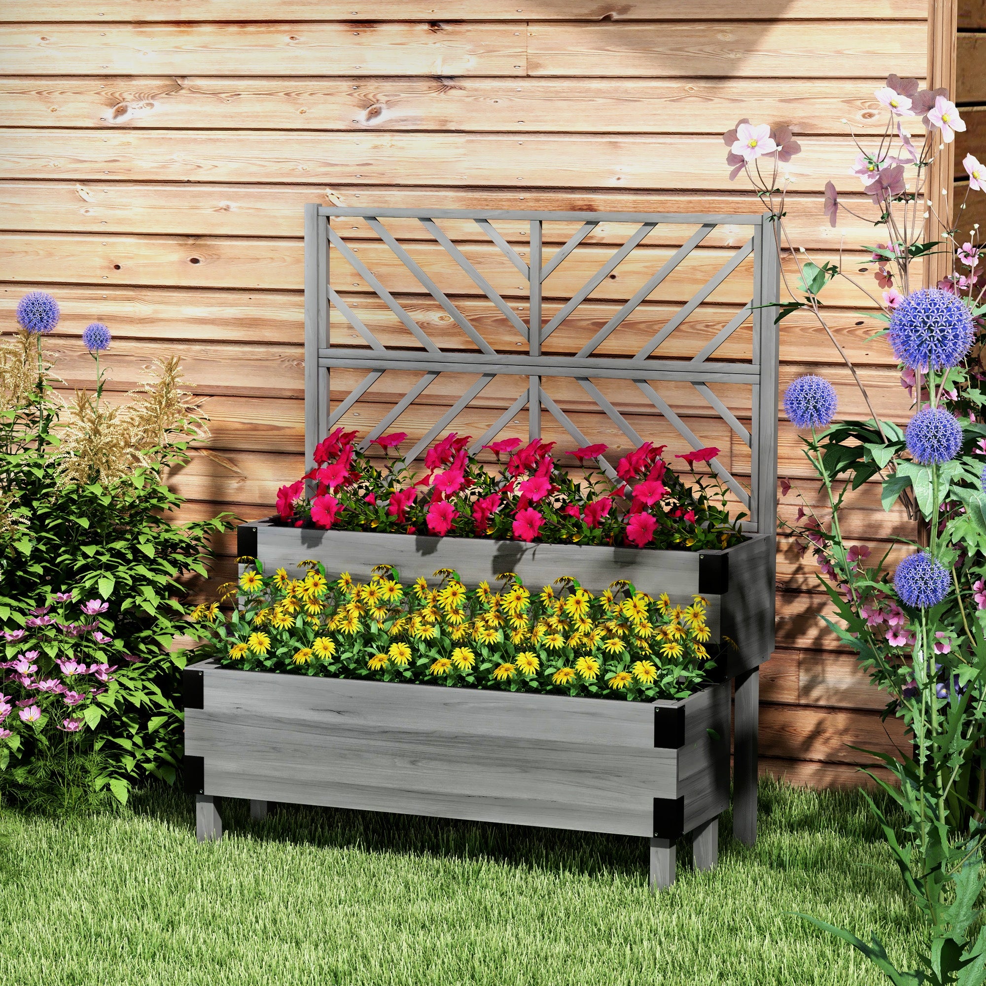 2 Tier Trellis Planter, Wooden Raised Garden Bed, Gray - Gray - Image 2